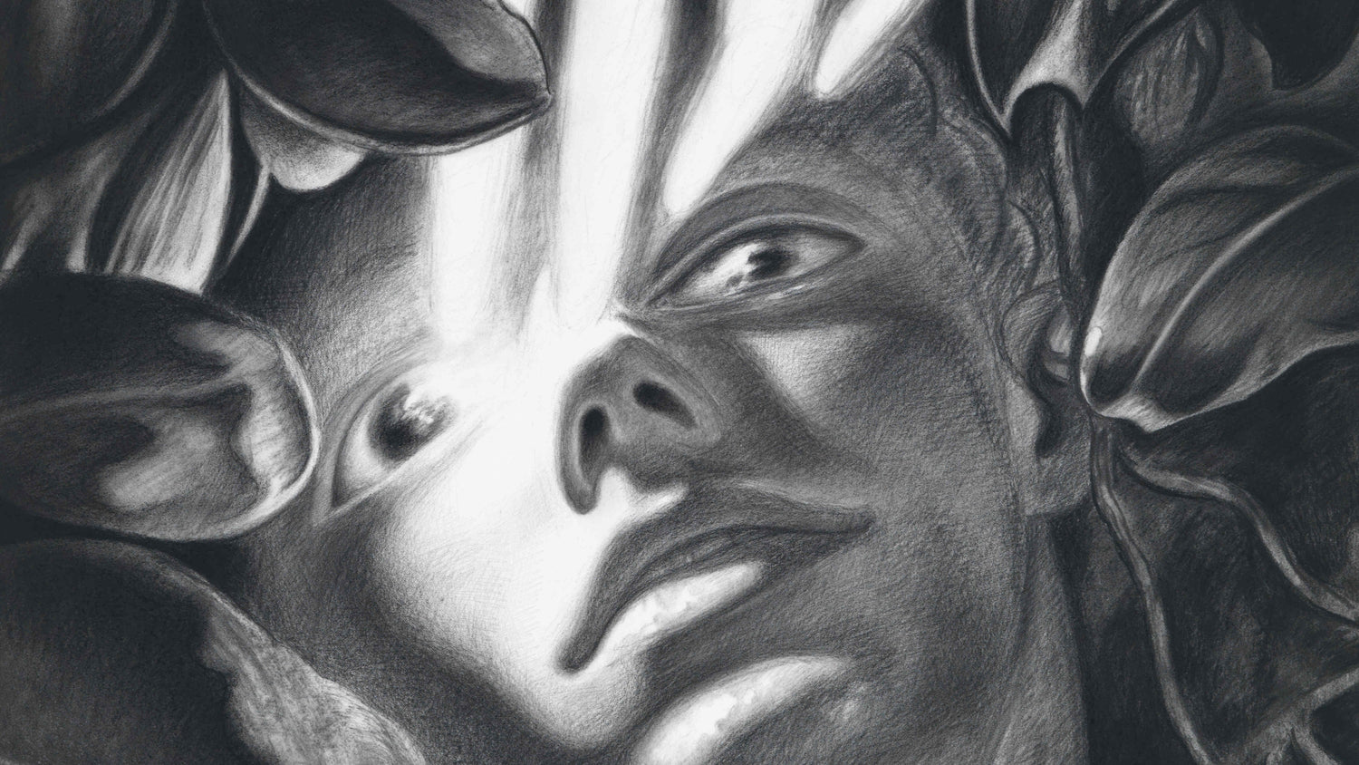 Dennis Scholl, drawing of a face surrounded by leaves