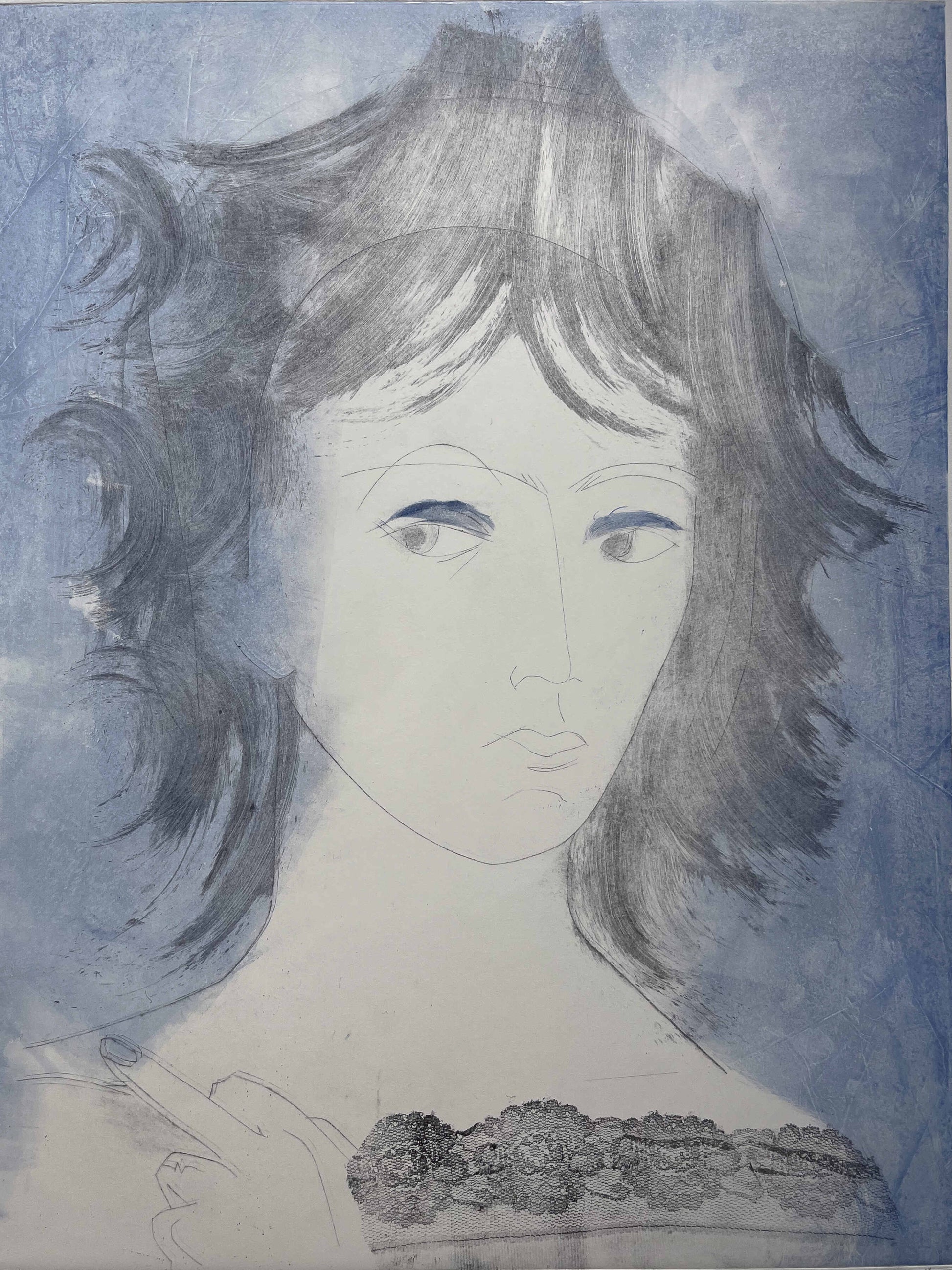 Etching of a woman with a blue background