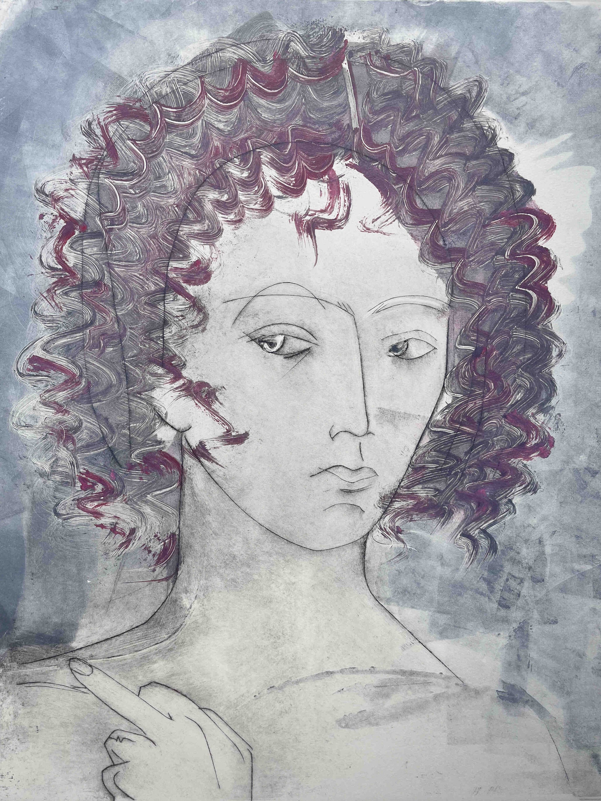 Etching of a woman's portrait with curly hair in blue and violet