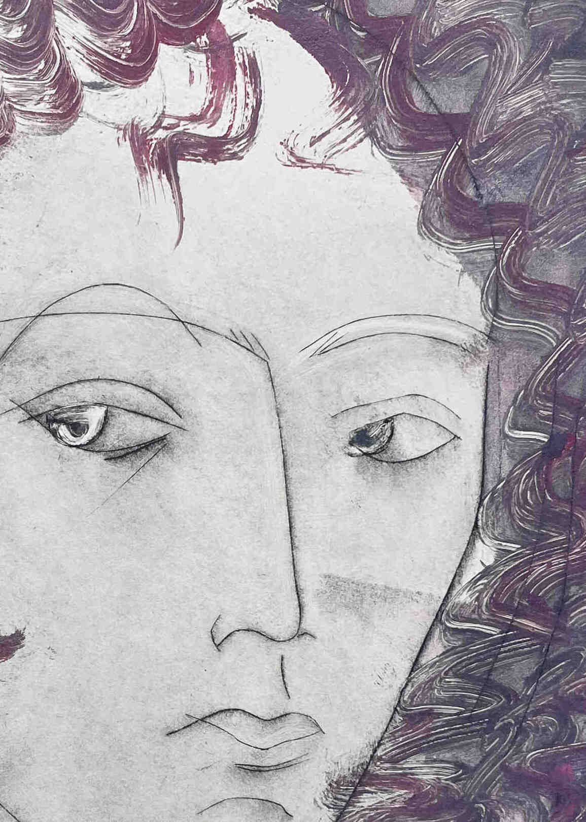 Detail of an etching of a woman's face
