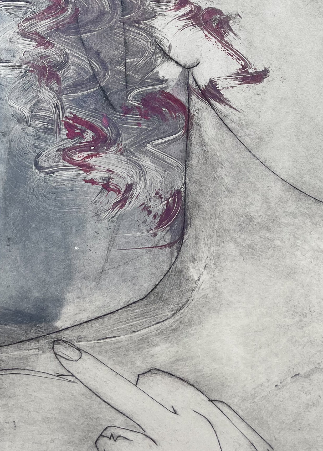 Detail of an etching of a woman's portrait - showing her raised middle finger