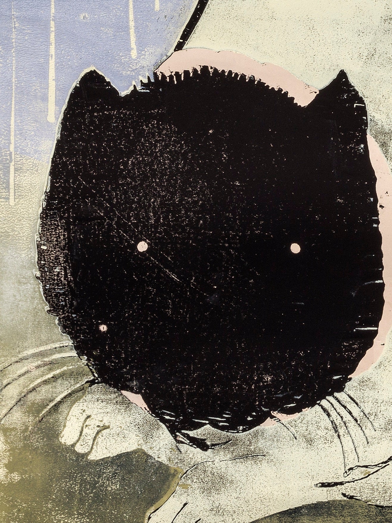 Detail of woodcut print with fat cat by Julian Felix Kichner