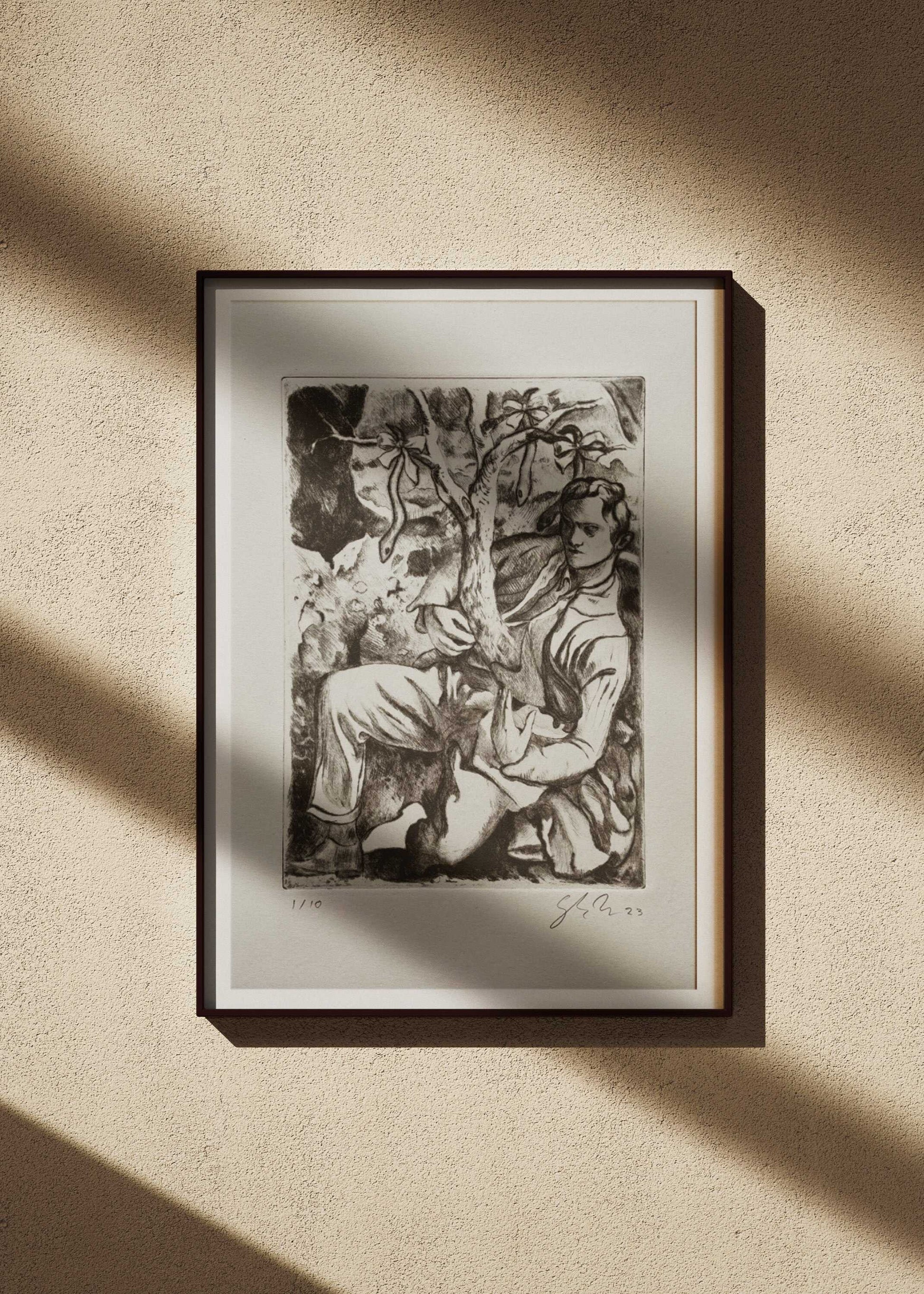 A framed etching artwork by Dennis Scholl depicting a figure with a tree motif, hanging on a wall with natural light casting shadows.