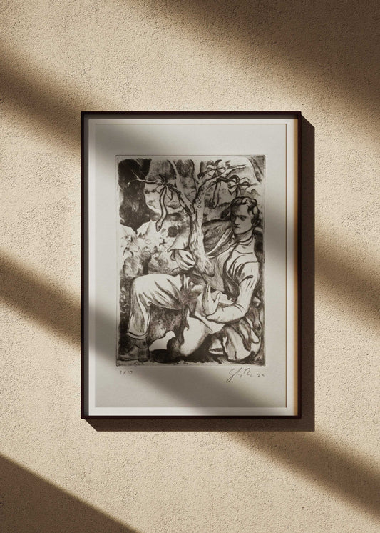 A framed etching artwork by Dennis Scholl depicting a figure with a tree motif, hanging on a wall with natural light casting shadows.