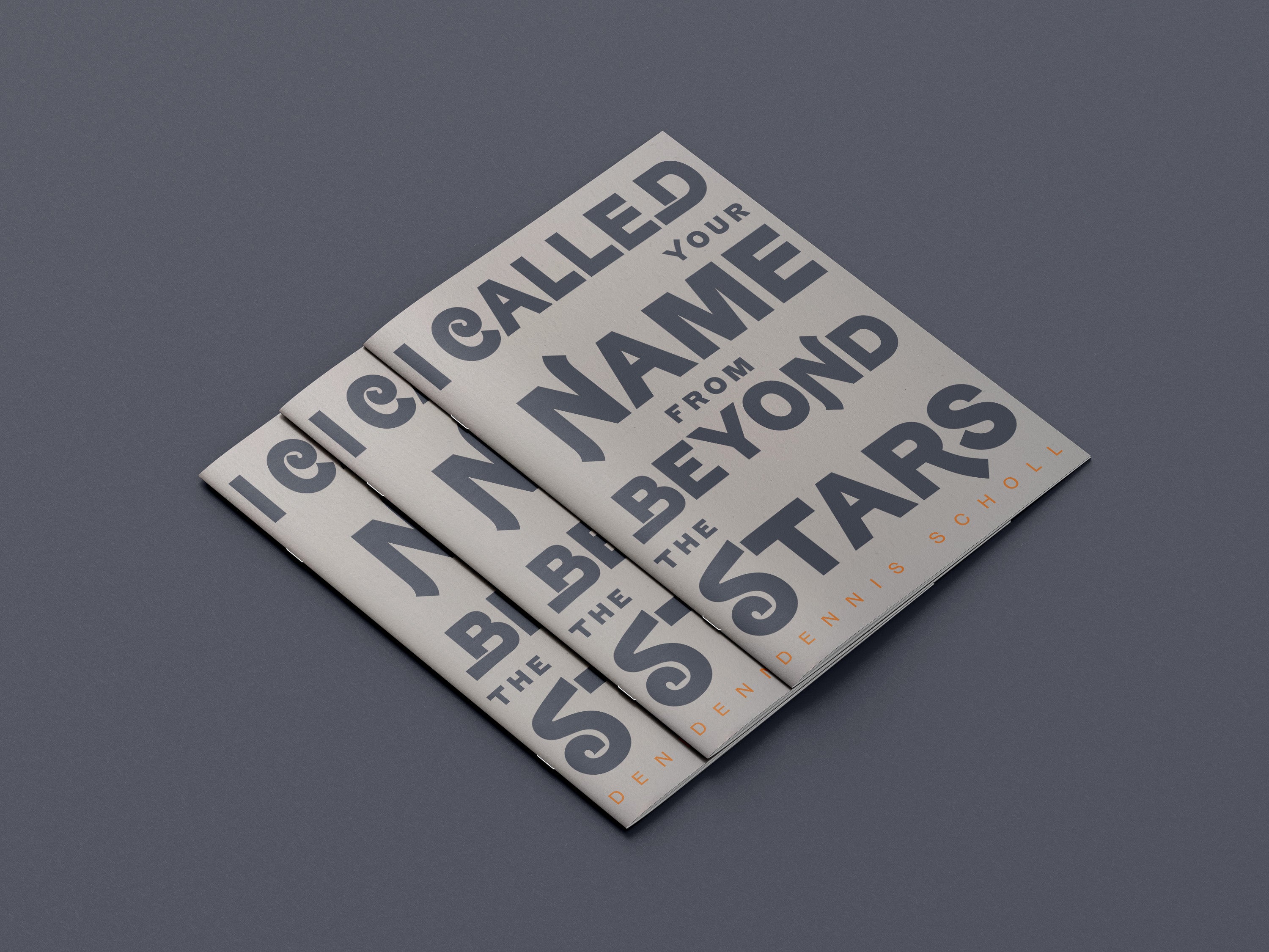 Stack of books by Dennis Scholl with text on a dark gray background