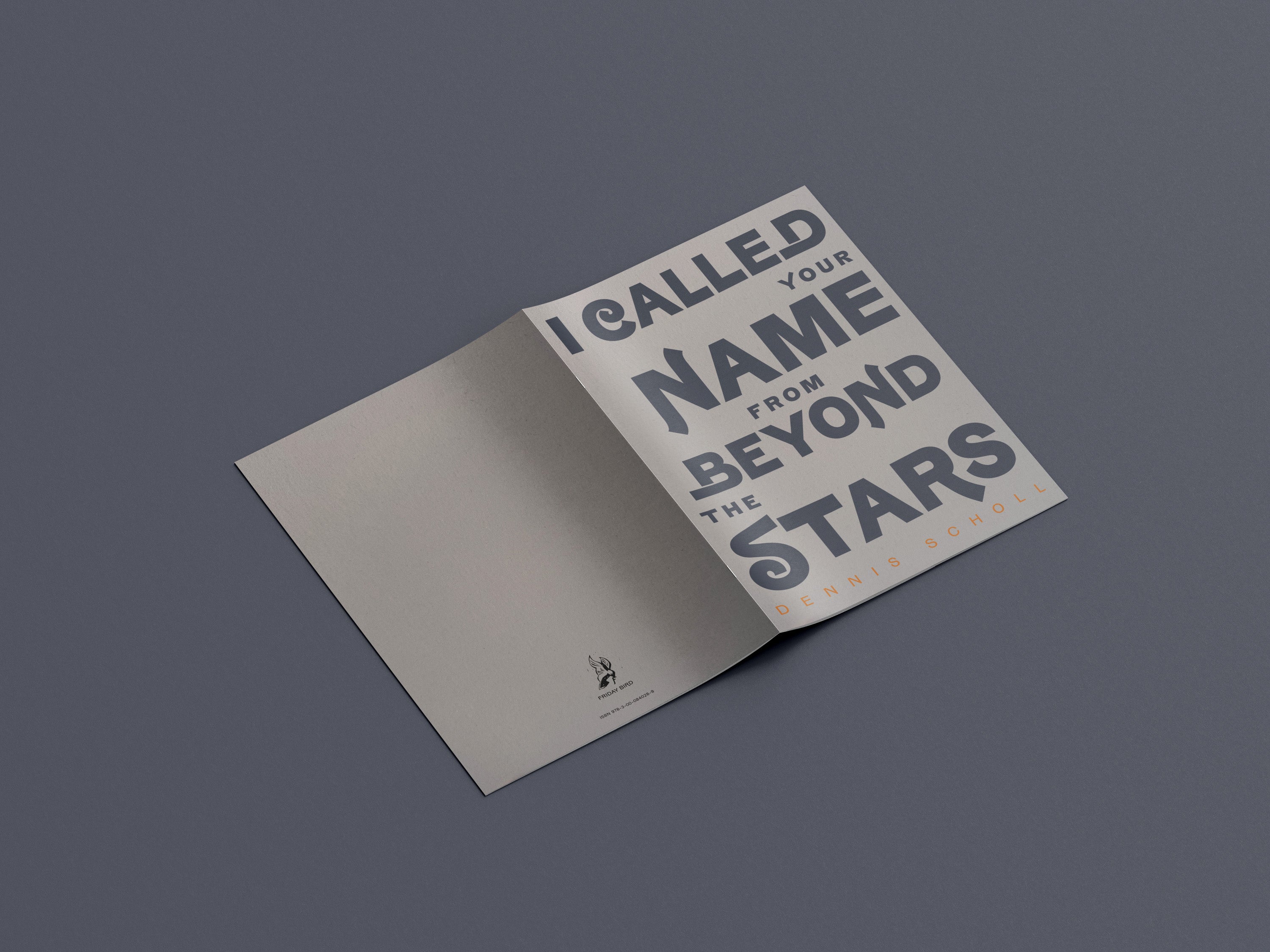 Open book with text 'I called your name from beyond the stars' on a dark gray background