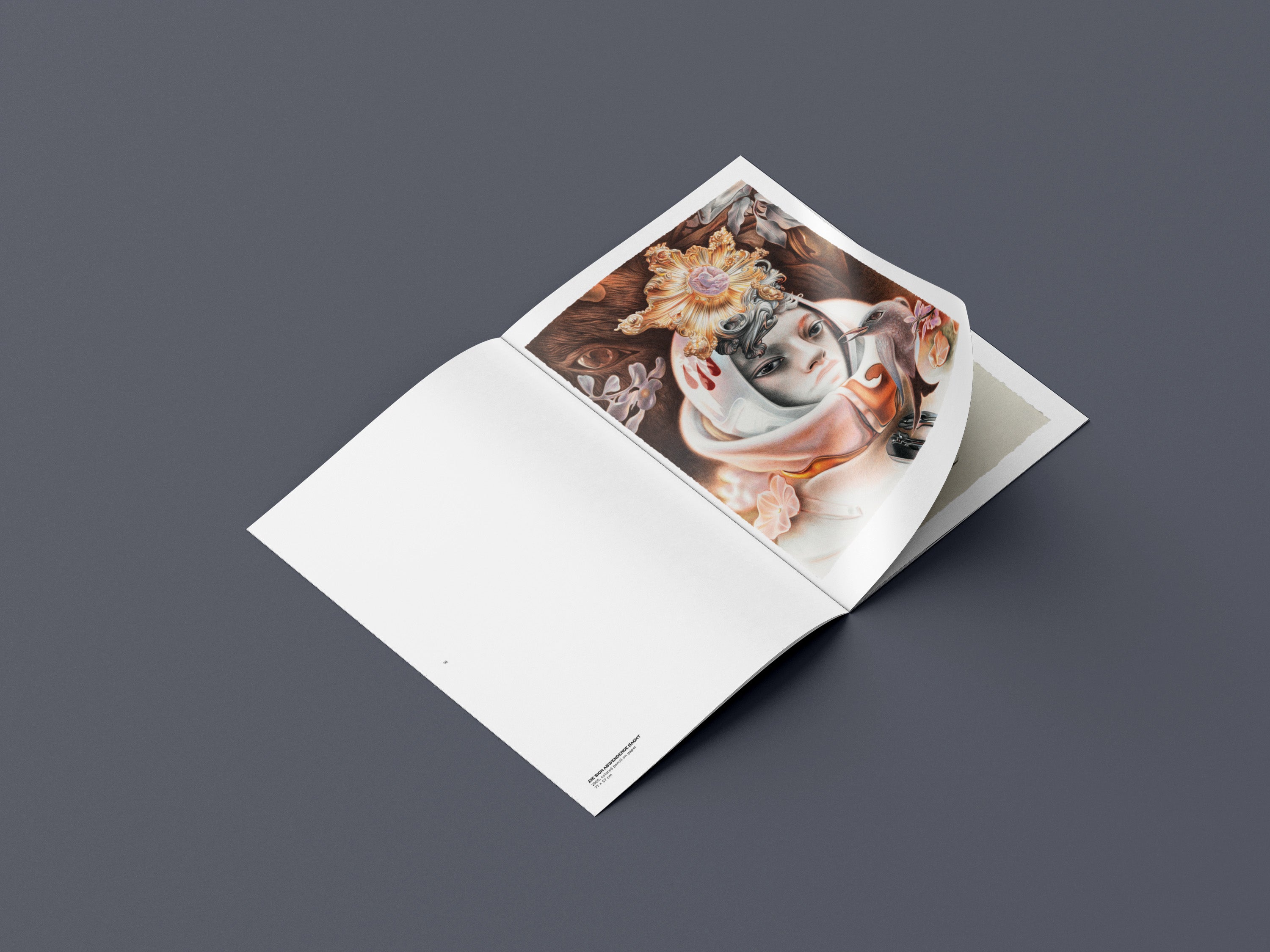 Open book with a colored pencil drawing by Dennis Scholl