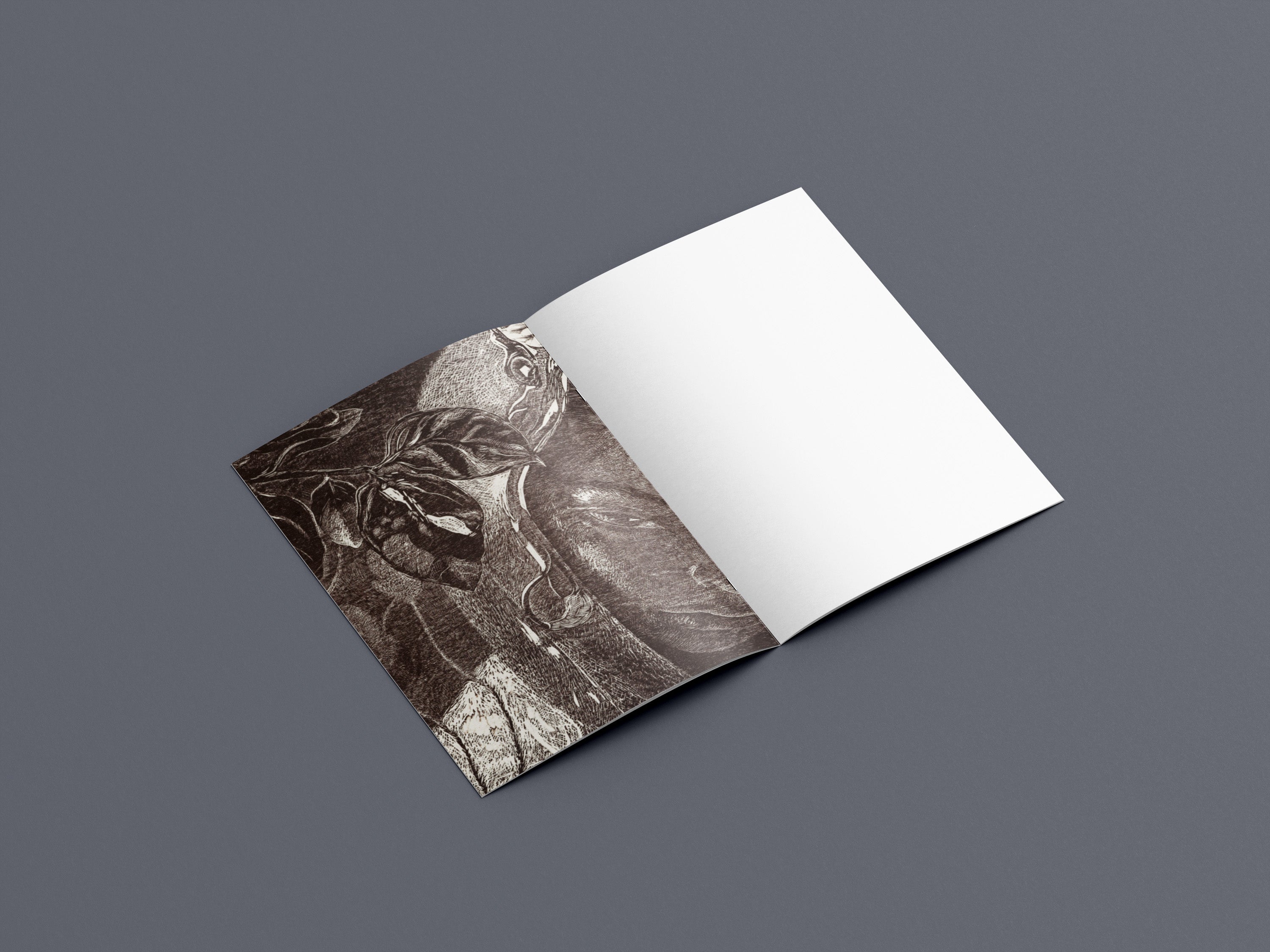 Open book with black and white leaf pattern on a gray background