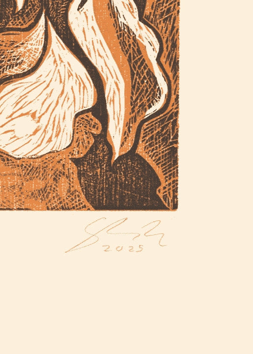 Detail of Dennis Scholl's signature on his woodcut Emergence