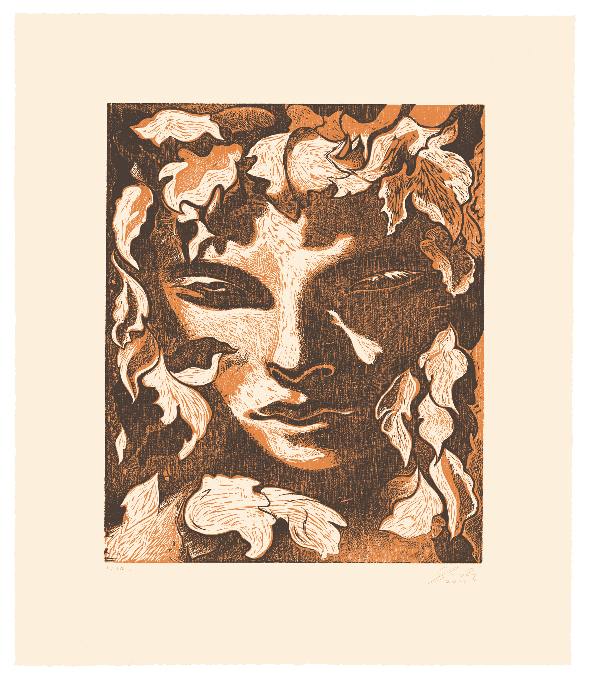 Woodcut by Dennis Scholl of a face surrounded by floral elements on a white background