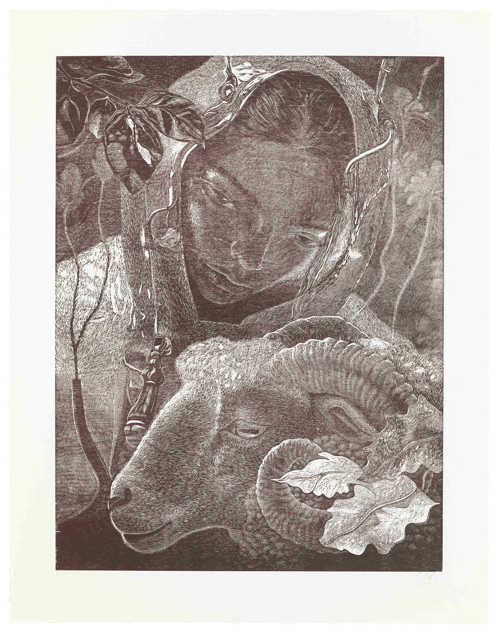 Woodcut by Dennis Scholl of a person wearing a helmet with a ram's head and nature elements.