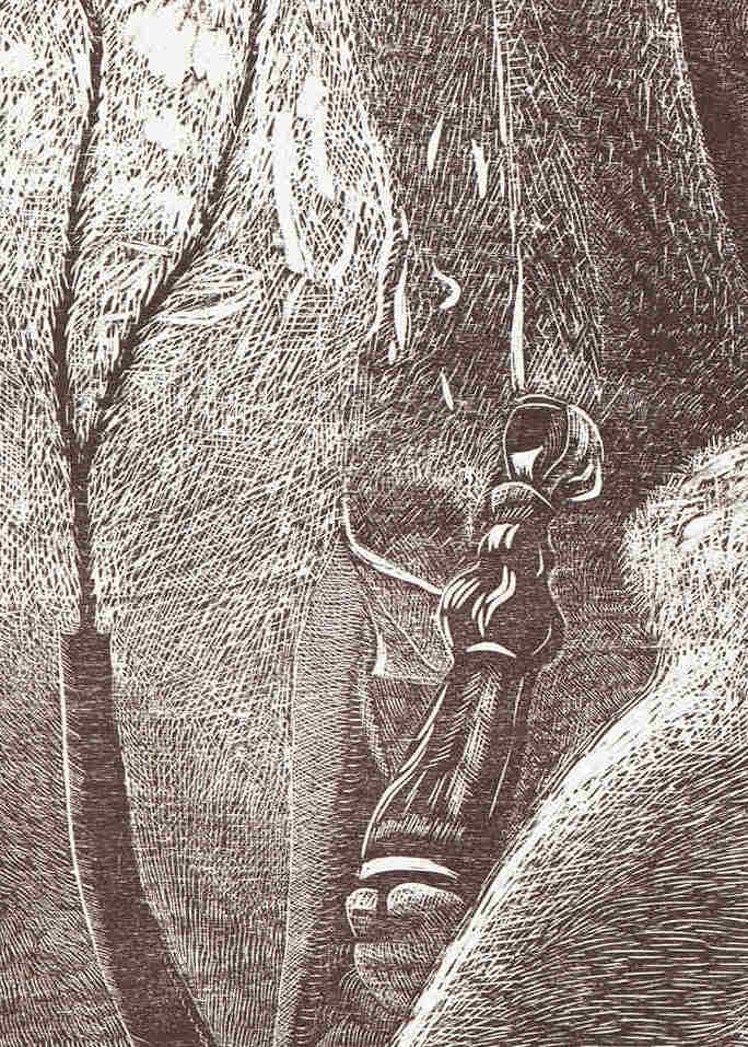 Detail of woodcut by Dennis Scholl