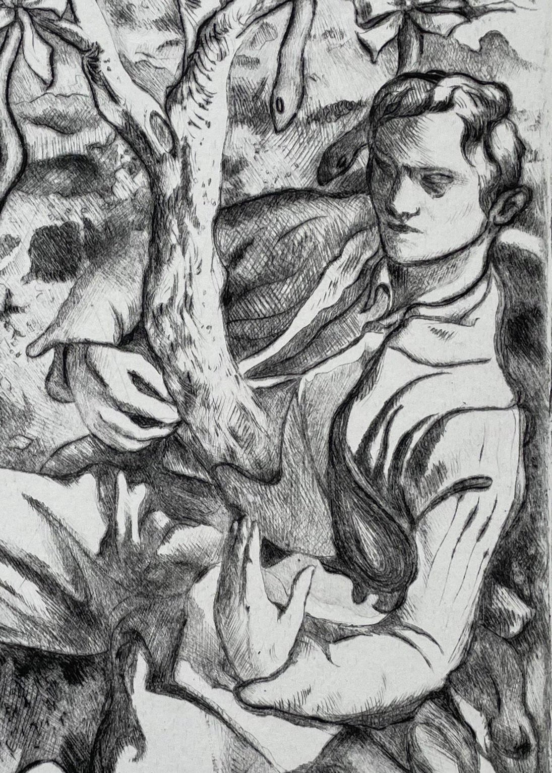Detail of a black and white etching by Dennis Scholl showing a figure with a tree protruding from his belly.