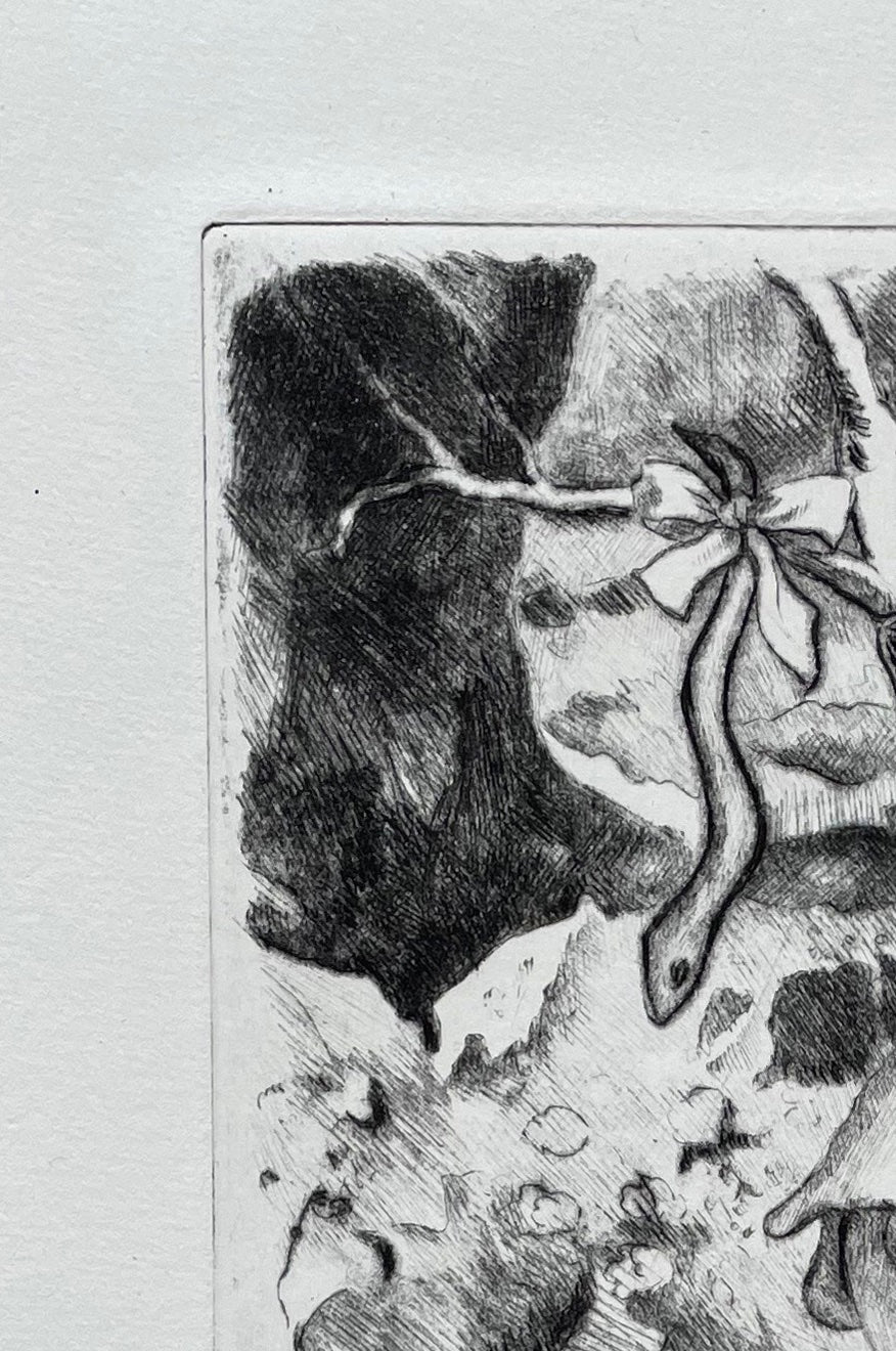 Detail of an etching by Dennis Scholl showing a snake hanging from a tree