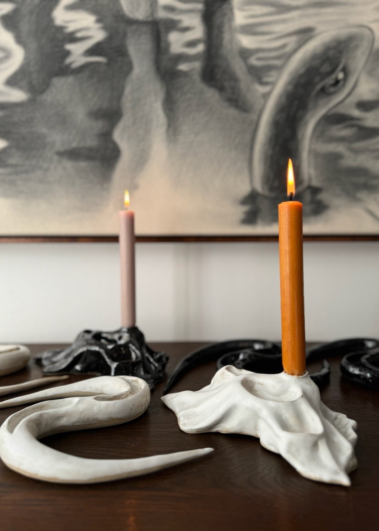 Detail of a candleholder artwork with white glaze designed by Aline Schwörer