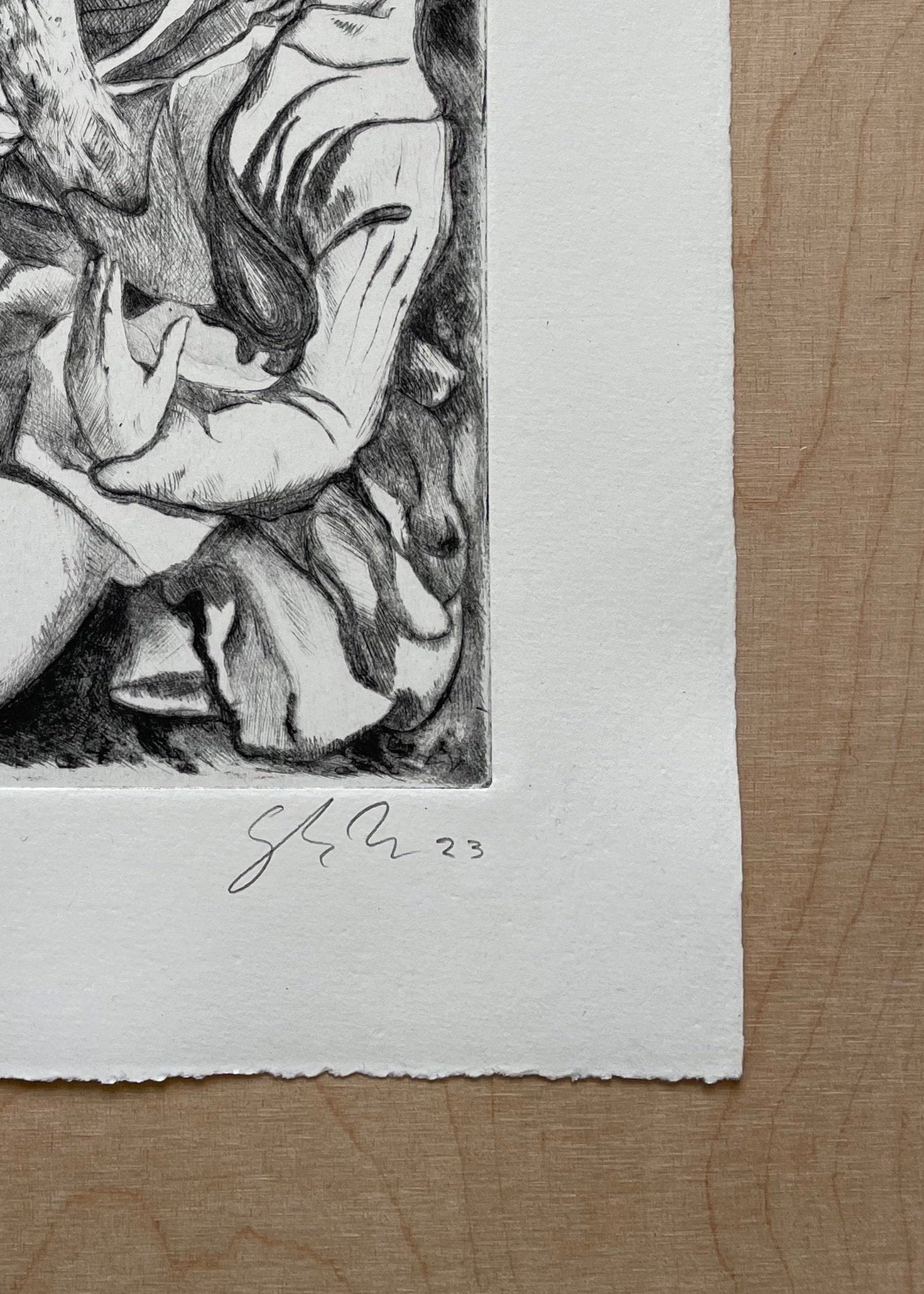 Detail of an etching by Dennis Scholl showing the artist's signature