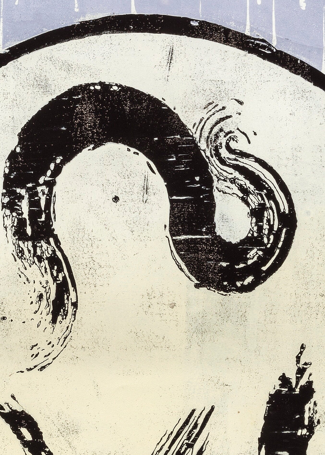 Detail of woodcut print with fat cat by Julian Felix Kichner