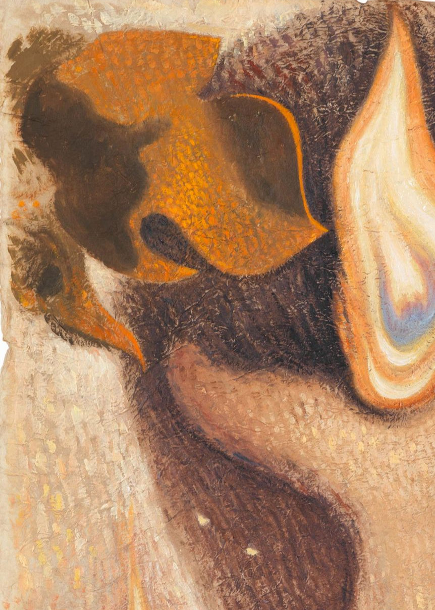 Detail of a leaf and a flame in an oil on paper painting by Dennis Scholl
