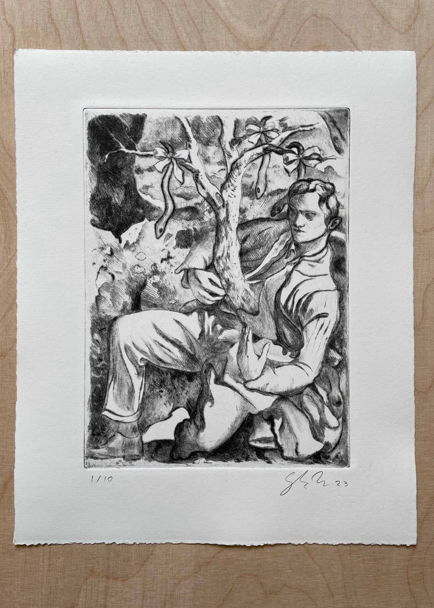 A black and white etching of a reclining figure with a tree growing from the belly, with loops that hold snakes, fixated on the figure's chest.