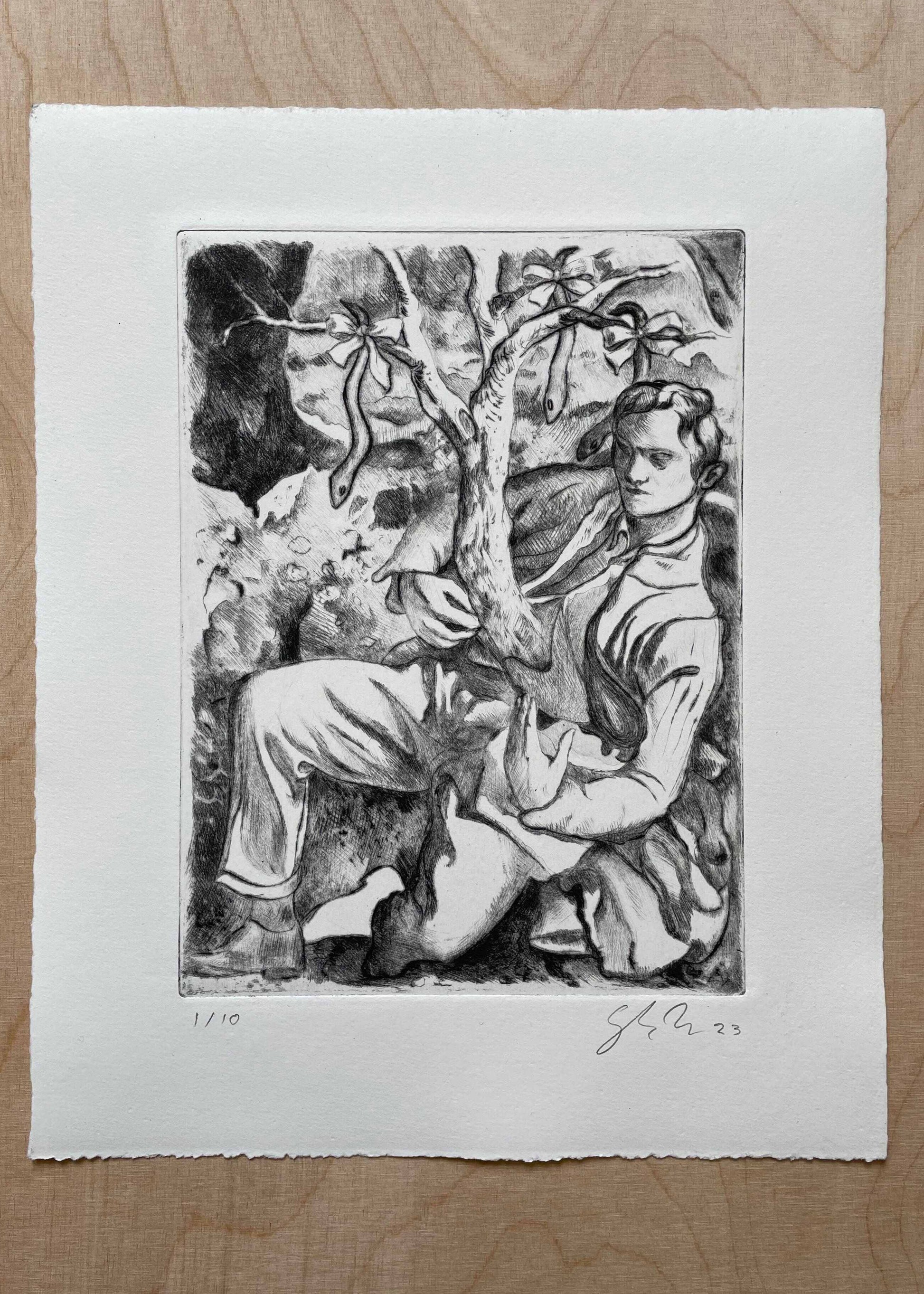 A black and white etching of a reclining figure with a tree growing from the belly, with loops that hold snakes, fixated on the figure's chest.