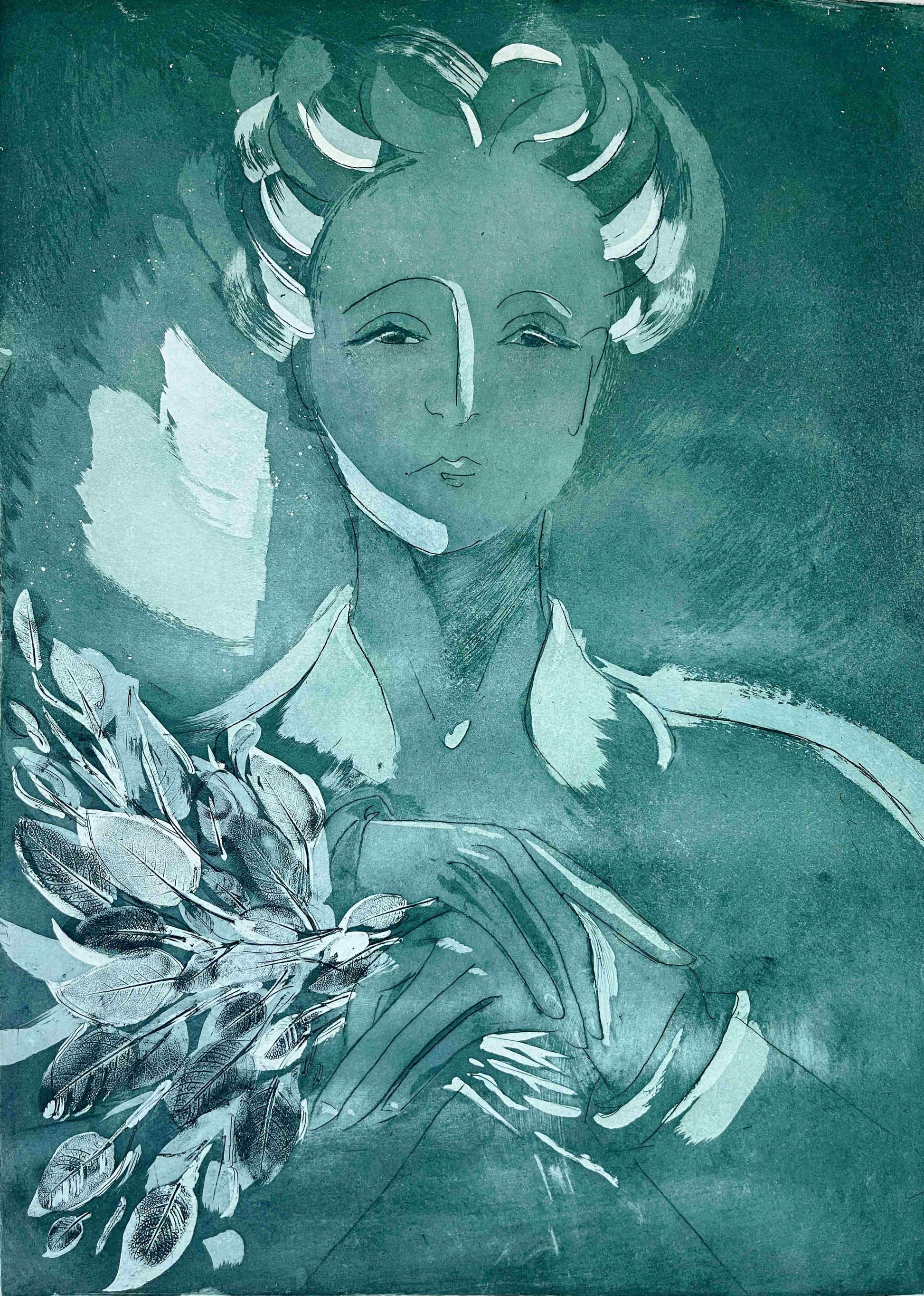 Etching of a woman holding a bundle of sage flowers in blue and green tones