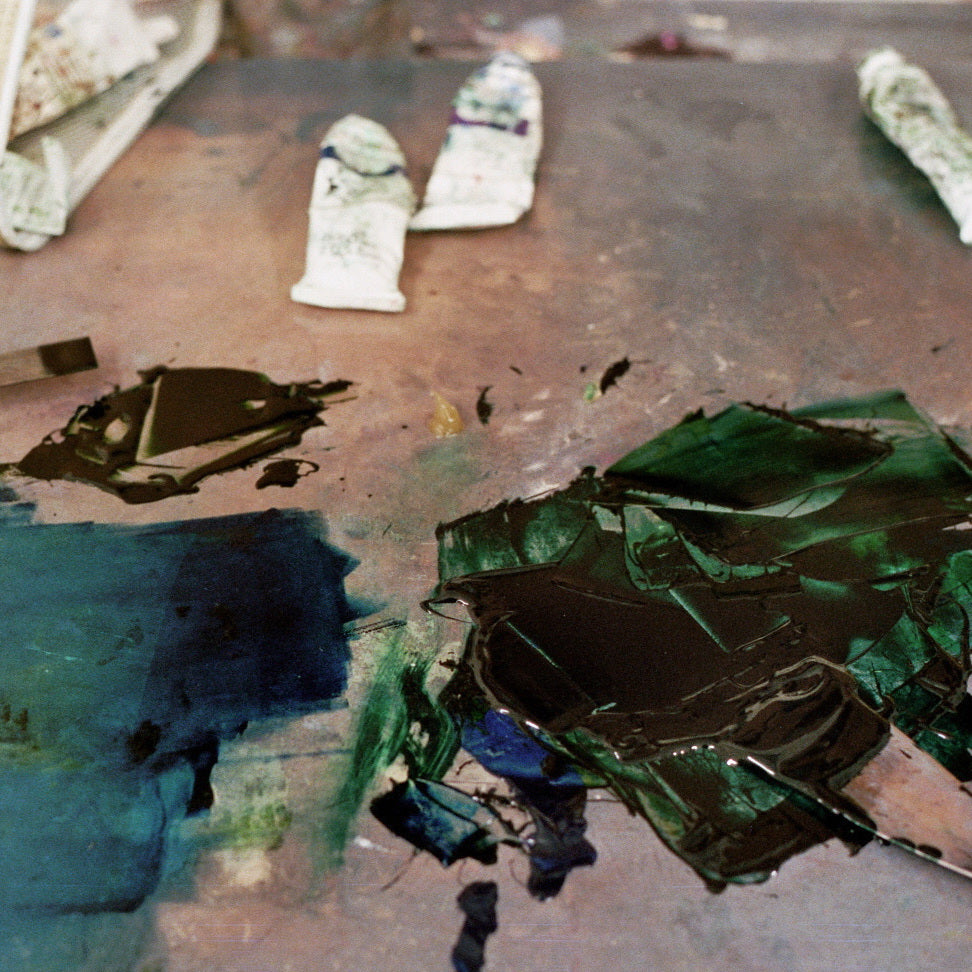 Artistic paint palette with various colors in the studio of Donna Volta Newmen_Photographer: Martino Semenzato