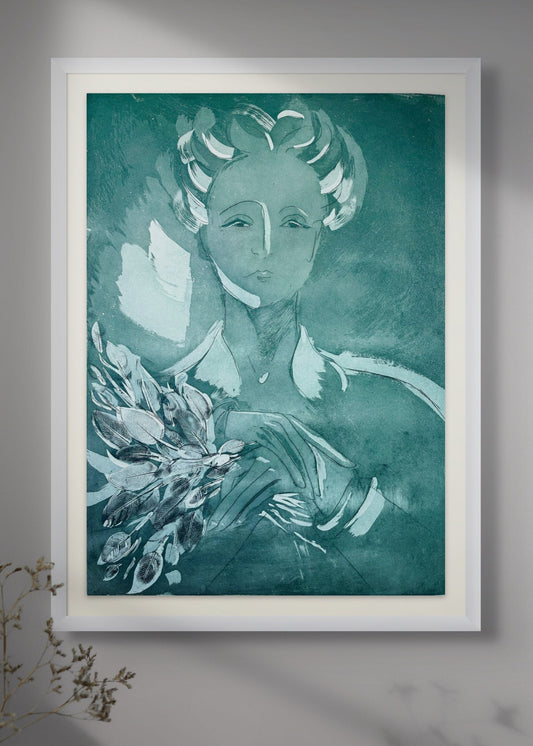 Framed artwork of a stylized portrait with flowers by Donna Volta Newmen