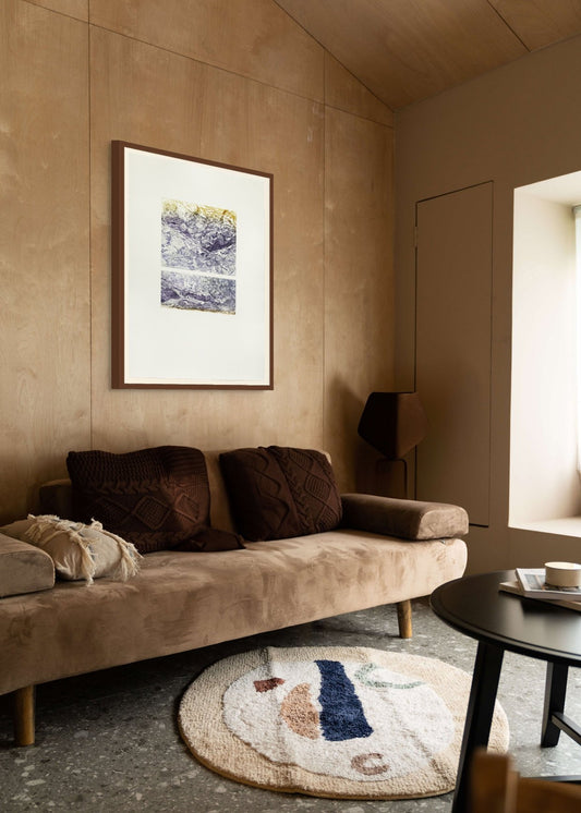 The image displays the etching 'deep sleep under hollow dome' by Erika Richter, which is a line etching and aquatint on white laid paper, duplex print with four plates, measuring approximately 106 x 78 cm. The artwork is showcased in a well-appointed interior setting, complementing the serene and eroded visual theme of the piece.