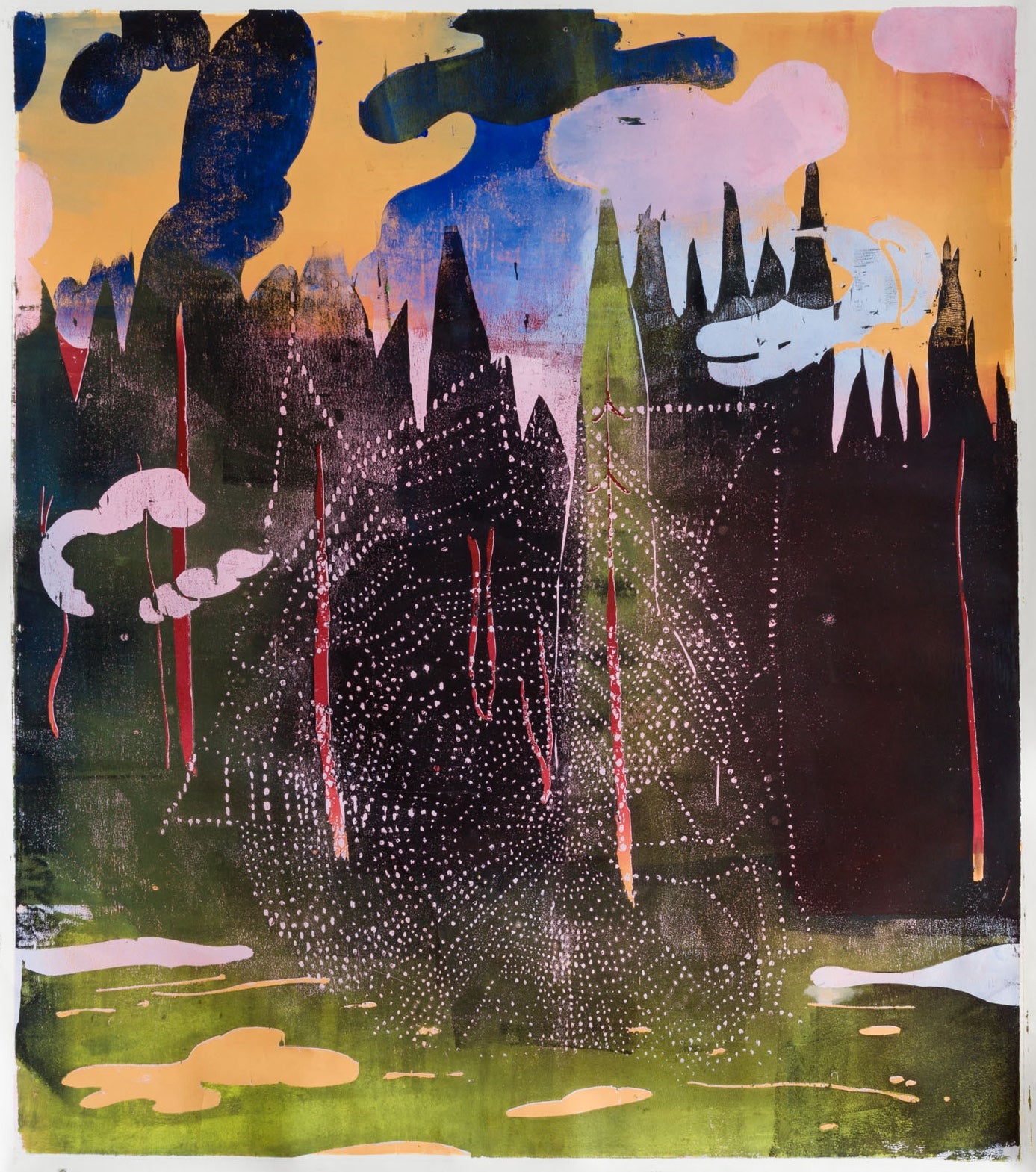 Colorful large-scale woodcut by Julian Kirchner showing an abstract motif with possibly trees in the background and the depiction of a spiderweb.