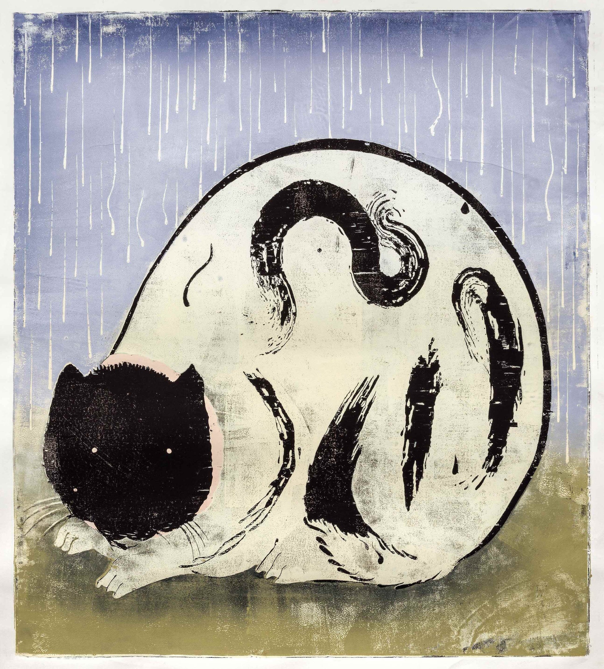 Woodcut artwork by Julian Kirchner depicting a stylized cat with a black head and white body with abstract patterns, in a monochrome color palette, with a blue textured background.