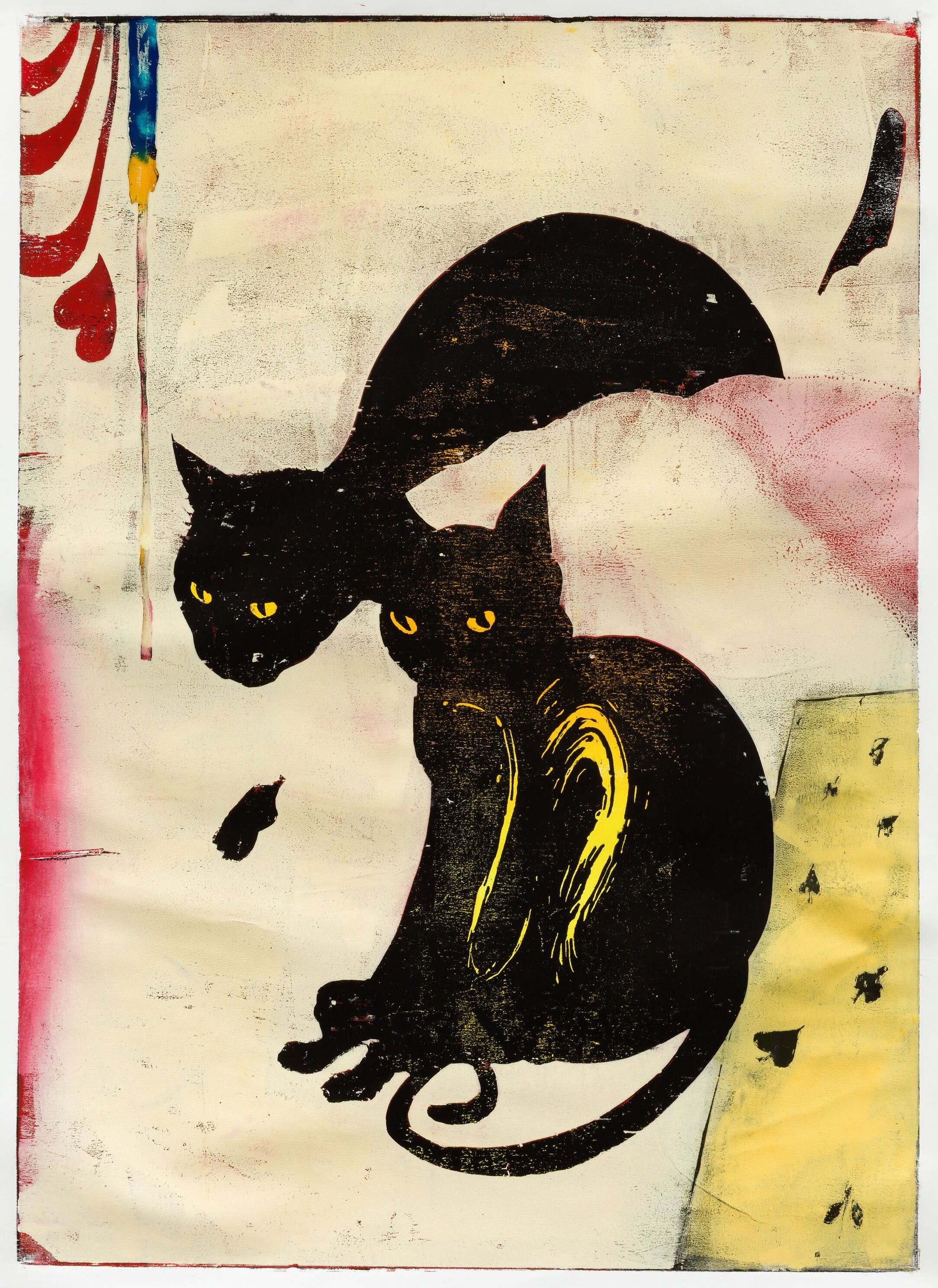 Detail of woodcut with two cats by Julia F. Kirchner