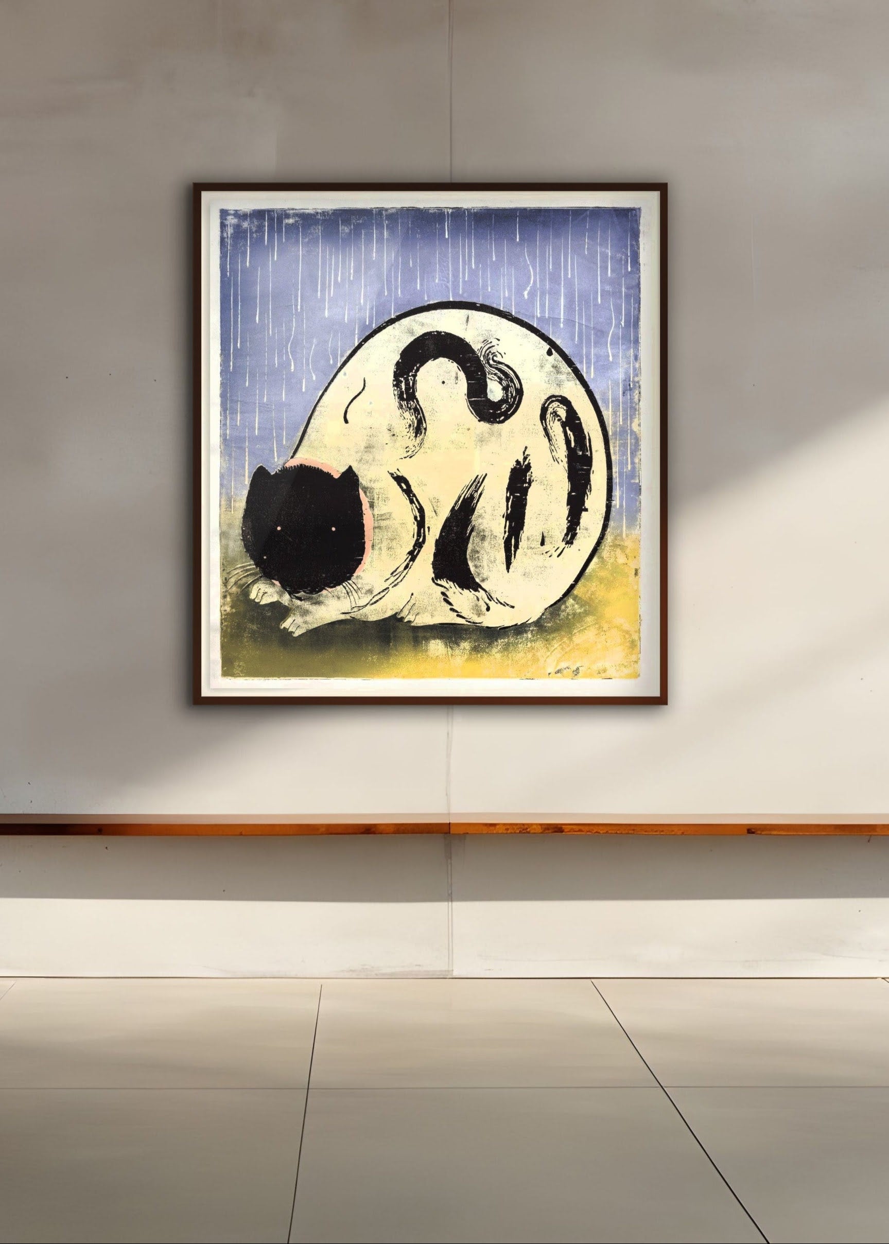 Woodcut print with fat cat by Julian Felix Kichner