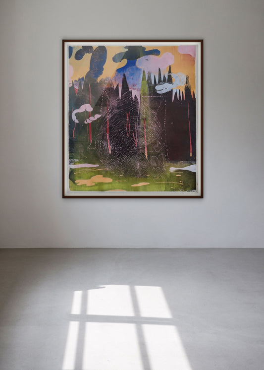 Colorful woodcut "Pandemic Symphony" by Julian Felix Kirchner in a room with grey walls and floor.