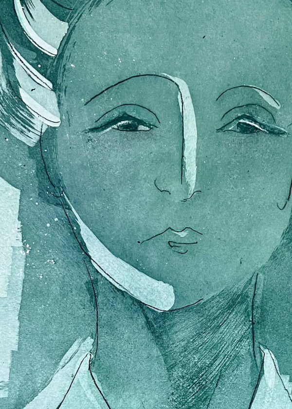 Detail of an etching of a woman by artist Donna Volta Newmen