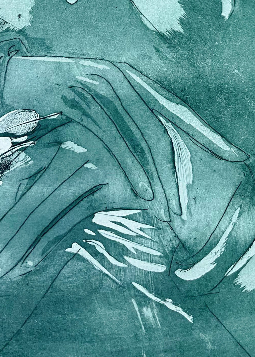 Detail of hands in an etching by Donna Volta Newmen