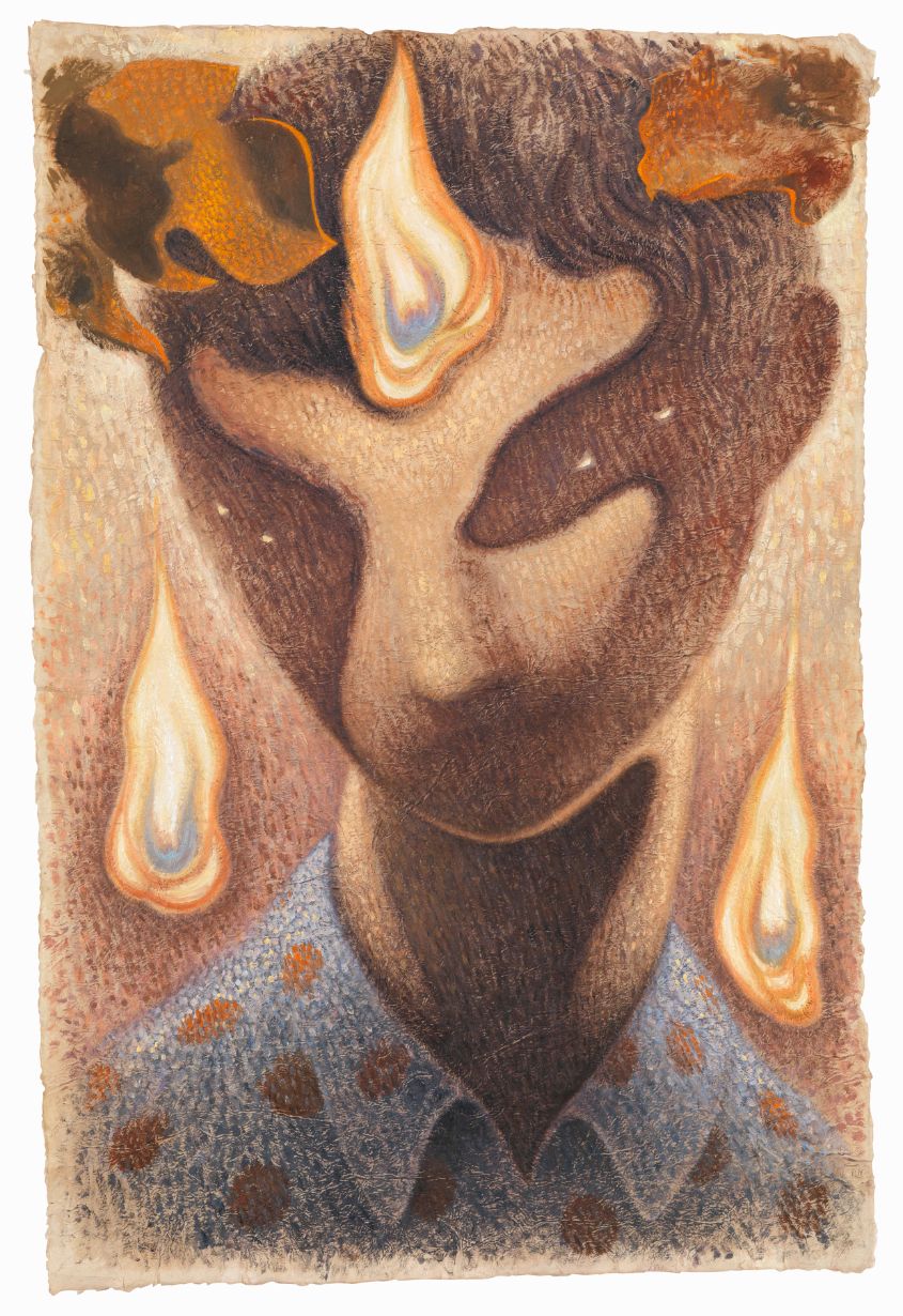 Painting by Dennis Scholl of a head surrounded by flames