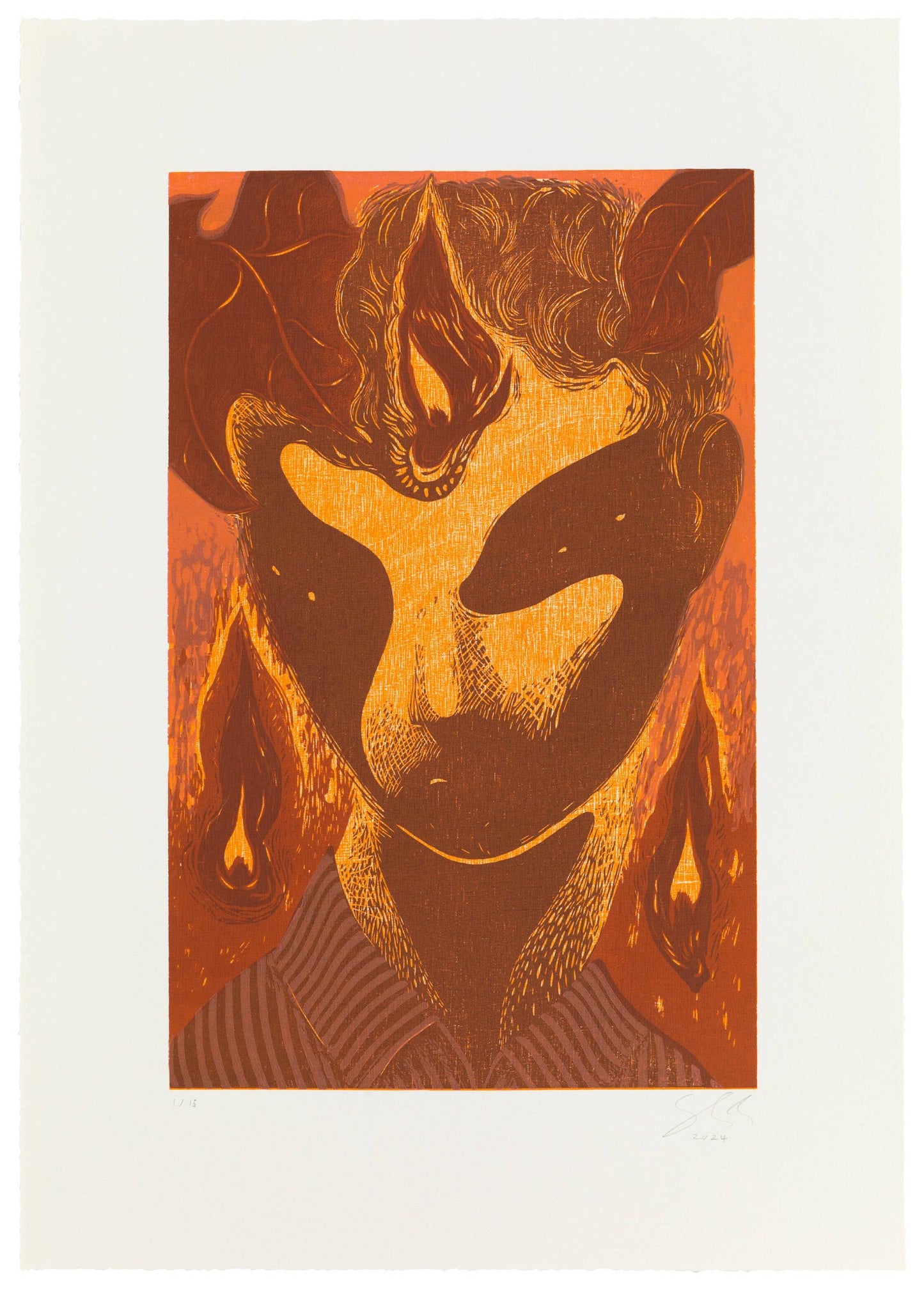 Woodcut by Dennis Scholl in orange, yellow and brown colors showing a face surrounded by flames.