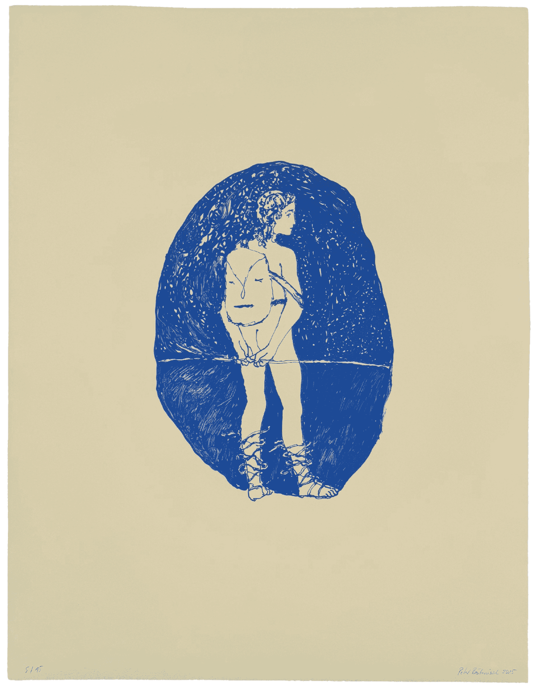 Print by Peter Böhnisch, depicting silhouette of a nude figure in a blue oval on a beige background