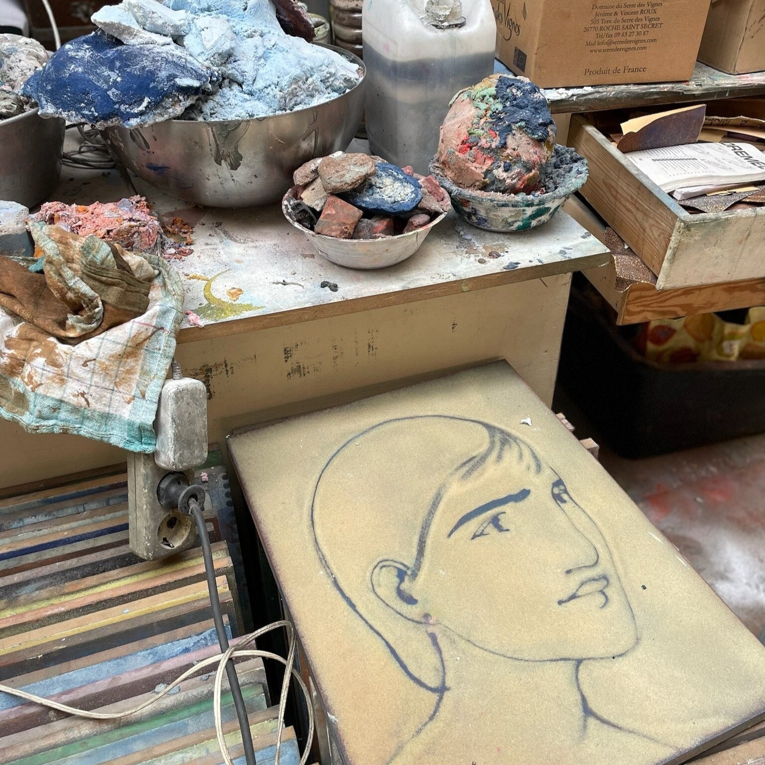 Workbench of Peter Böhnisch with sculptures, a canister, and a drawing of a face on a wooden board.