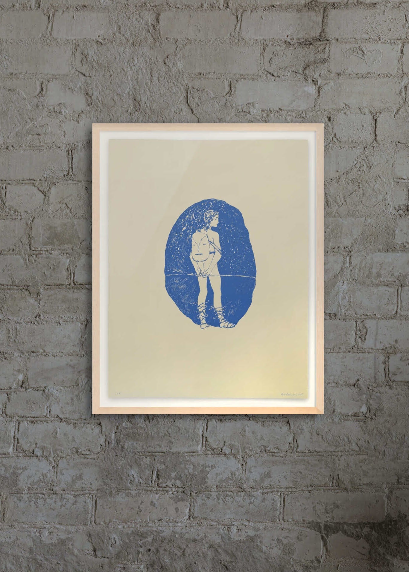 A framed lithograph by Peter Böhnisch print depicting a figure with a staff gazing into a medallion-like shape, presented against a brick wall background.