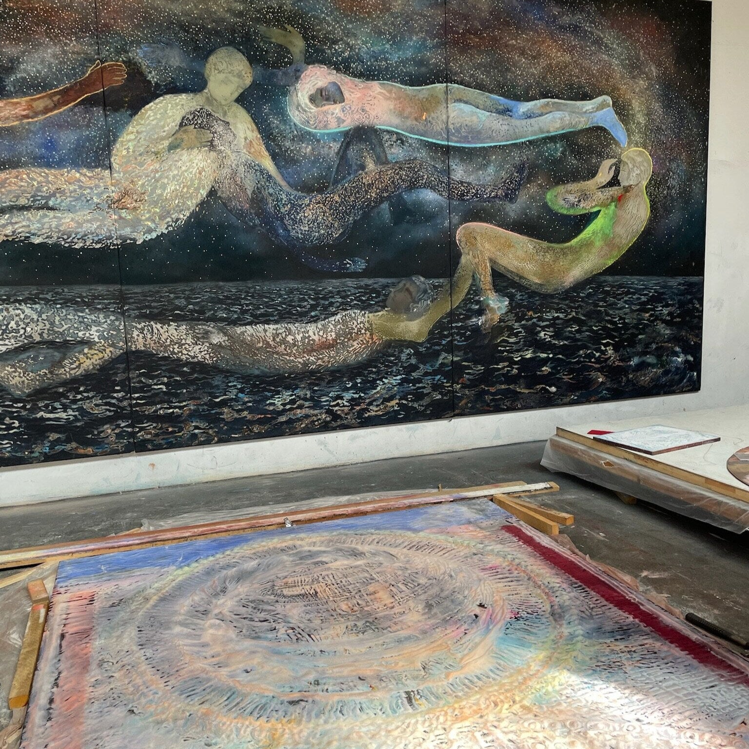 Artworks on the wall and floor in Peter Böhnisch's studio