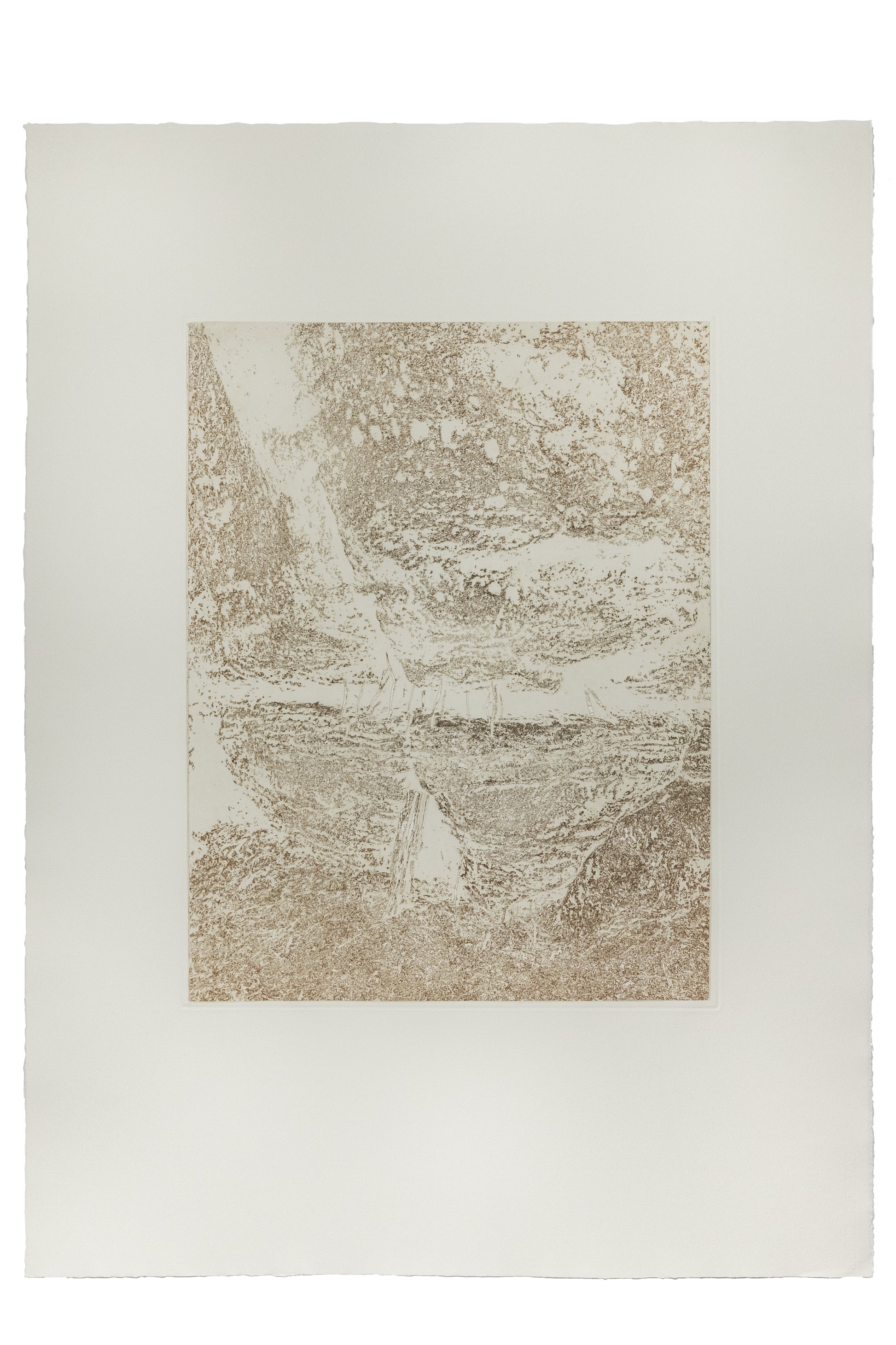 Abstract etching in rust red on laid paper