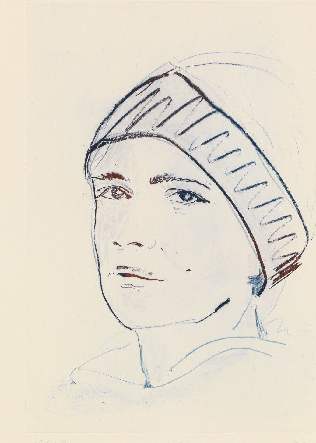 Detail of a blue etching showing a person wearing a headscarf