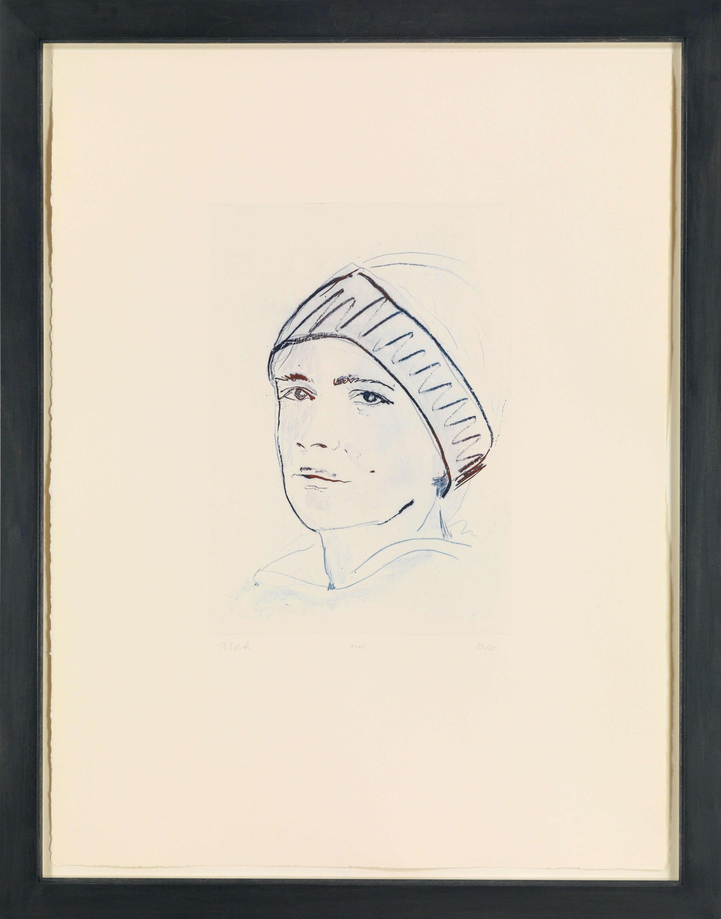 Framed artwork of a person wearing a headscarf on a beige background
