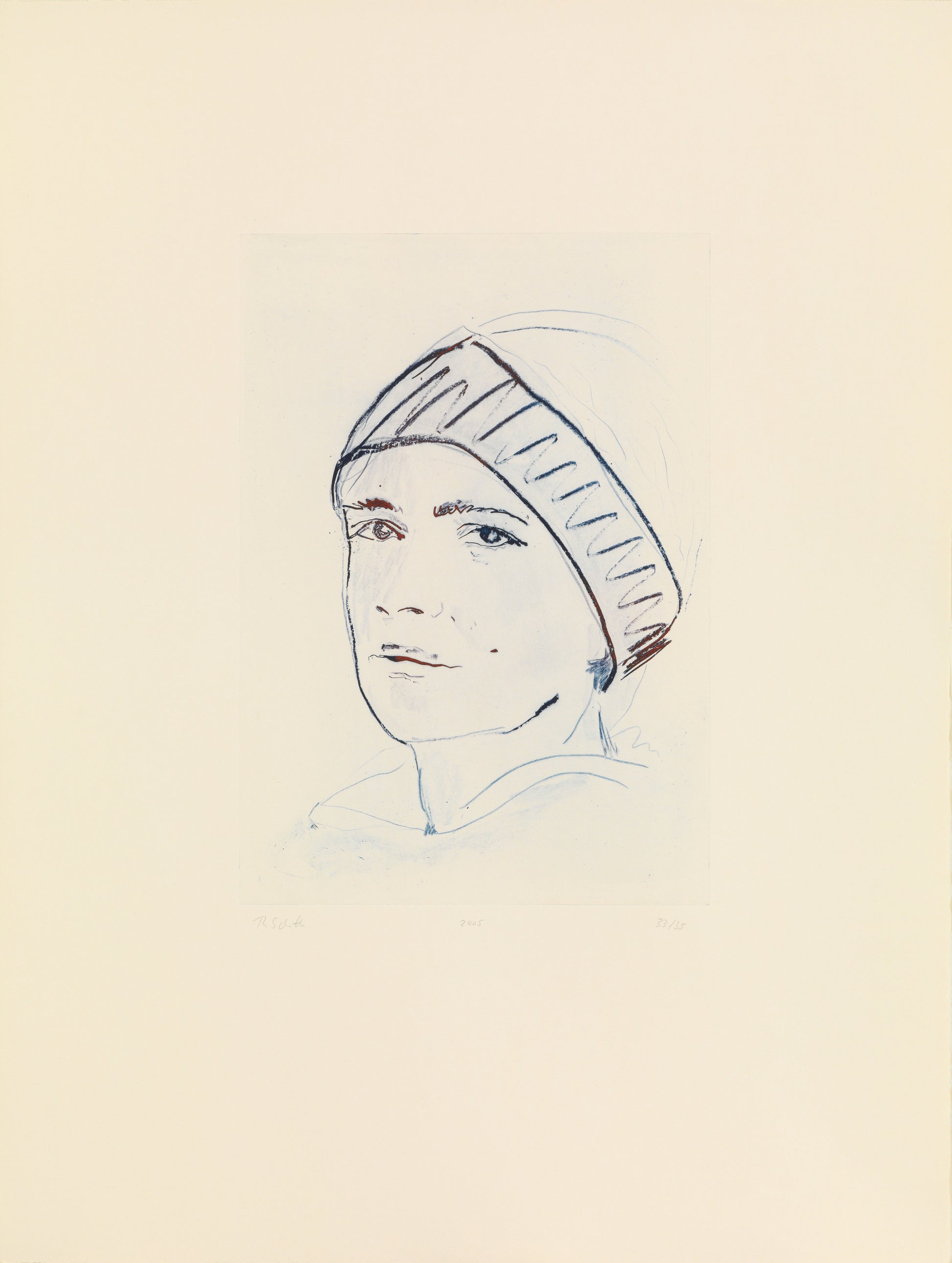 Etching with blue lines of a woman wearing a head scarf looking at the viewer.