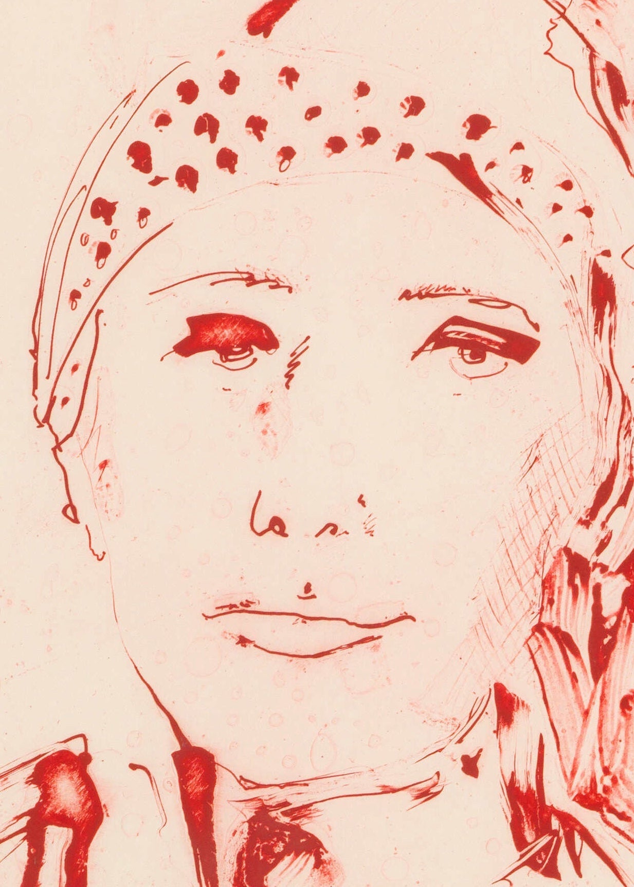 Red print by Thomas Schütte of a face with intricate patterns on a beige background