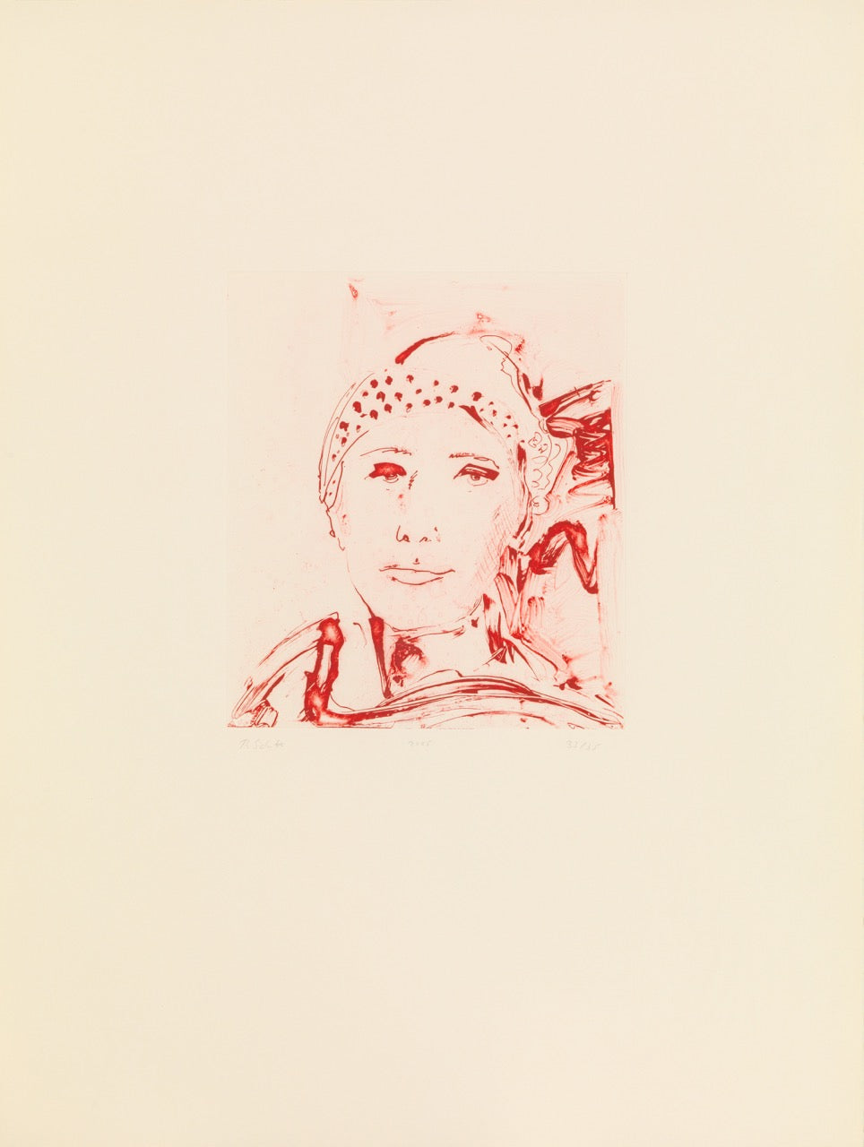 Red print by Thomas Schütte of a person on a beige background