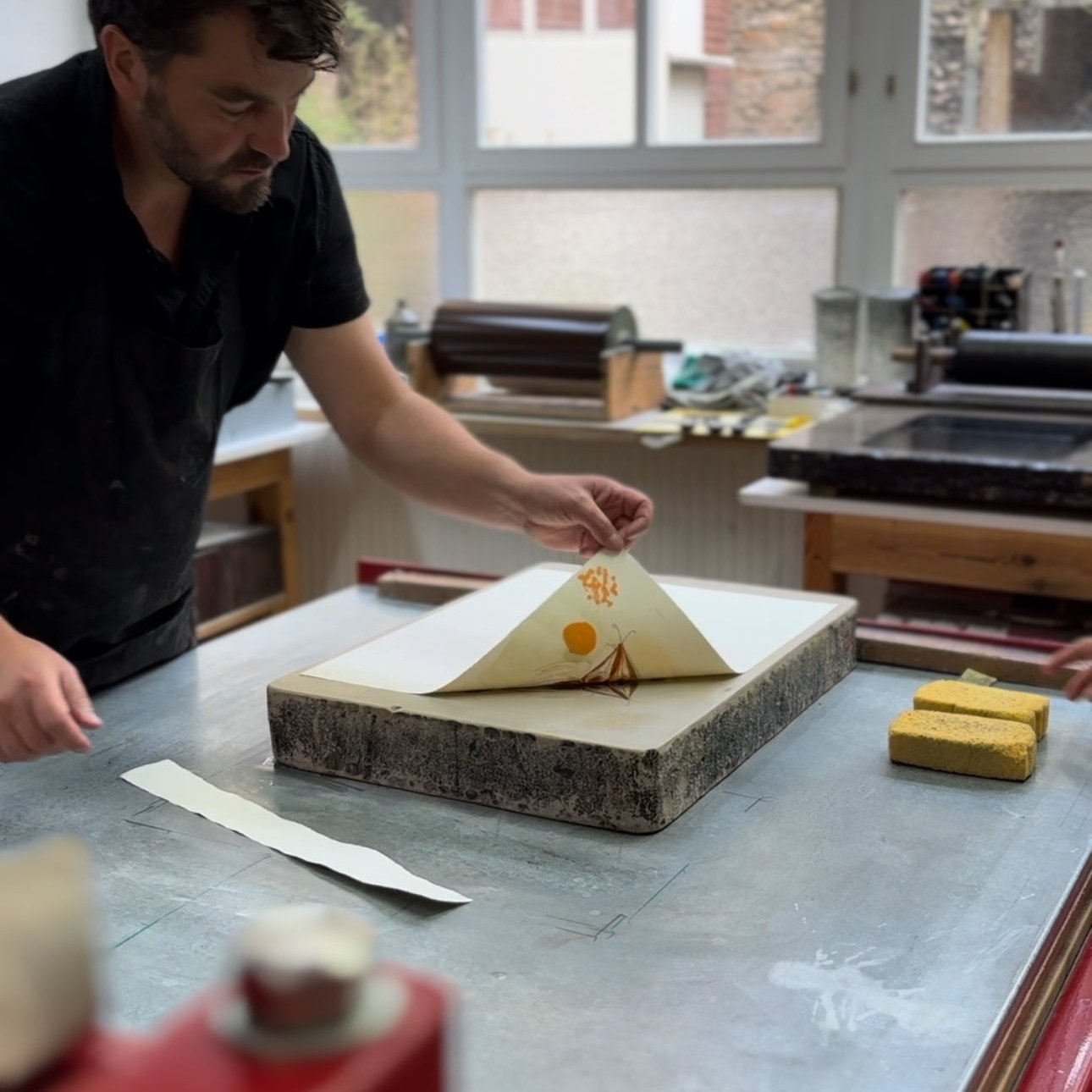 Ulrich Kuehle printing Olaf Hajek lithograph at Keystone Editions