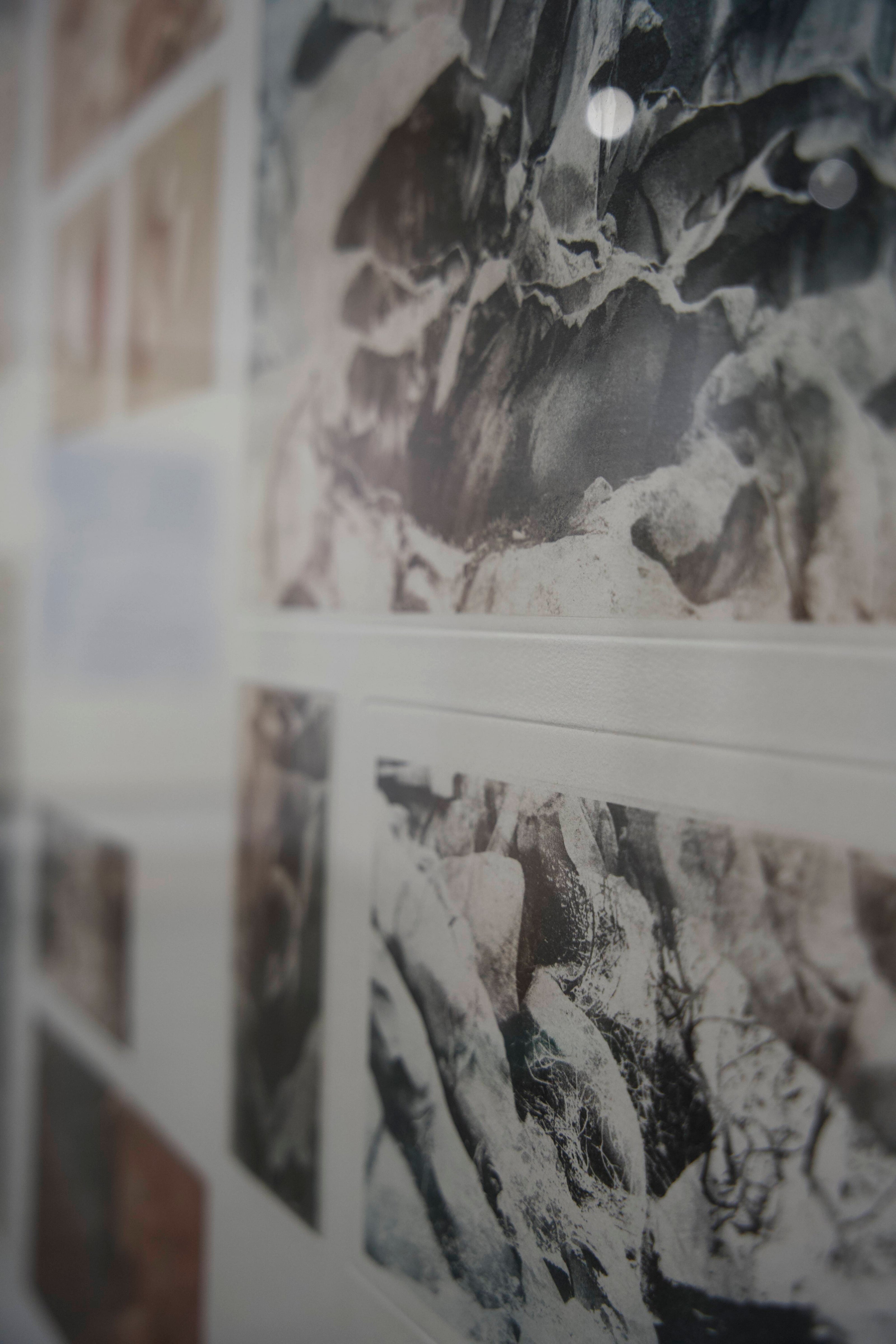 Collage of black and white prints of rocky landscapes by Erika Richter