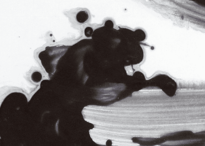 Detail of etching by Agathe de Bailliencourt showing a black watercolor texture